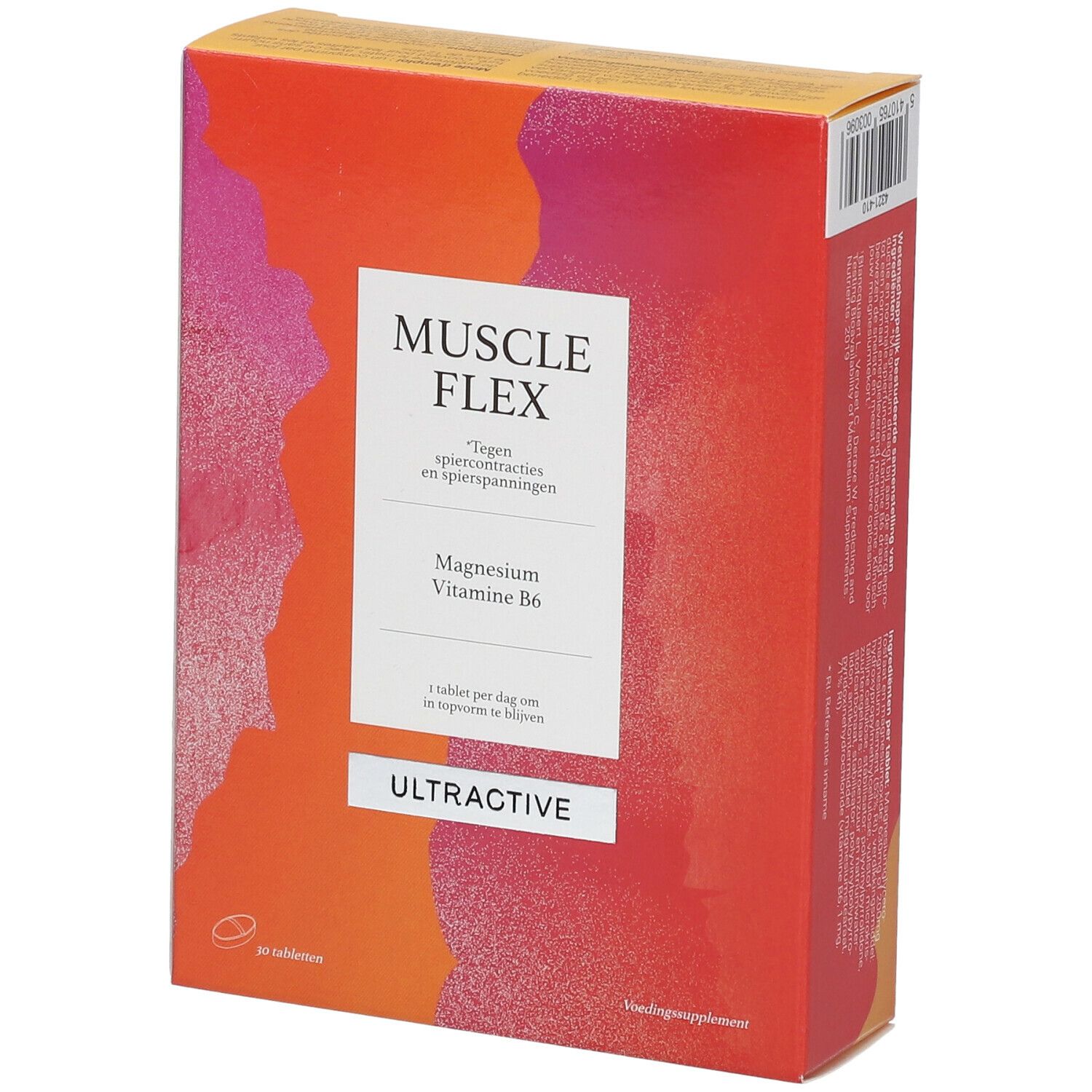 Boîte de Ultractive Muscle Flex. Contient magnésium et vitamine B6. Design orange-rouge avec nom et marque du produit.