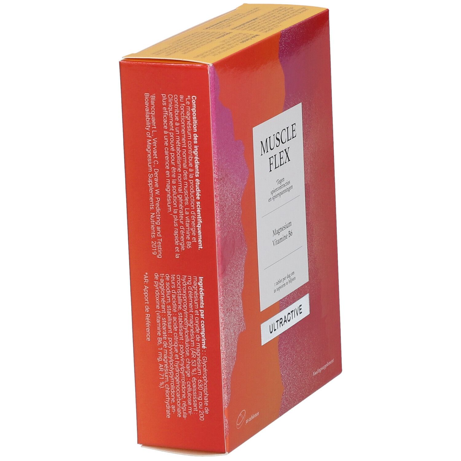 Boîte de Ultractive Muscle Flex en biais. Contient magnésium et vitamine B6. Design orange-rouge.
