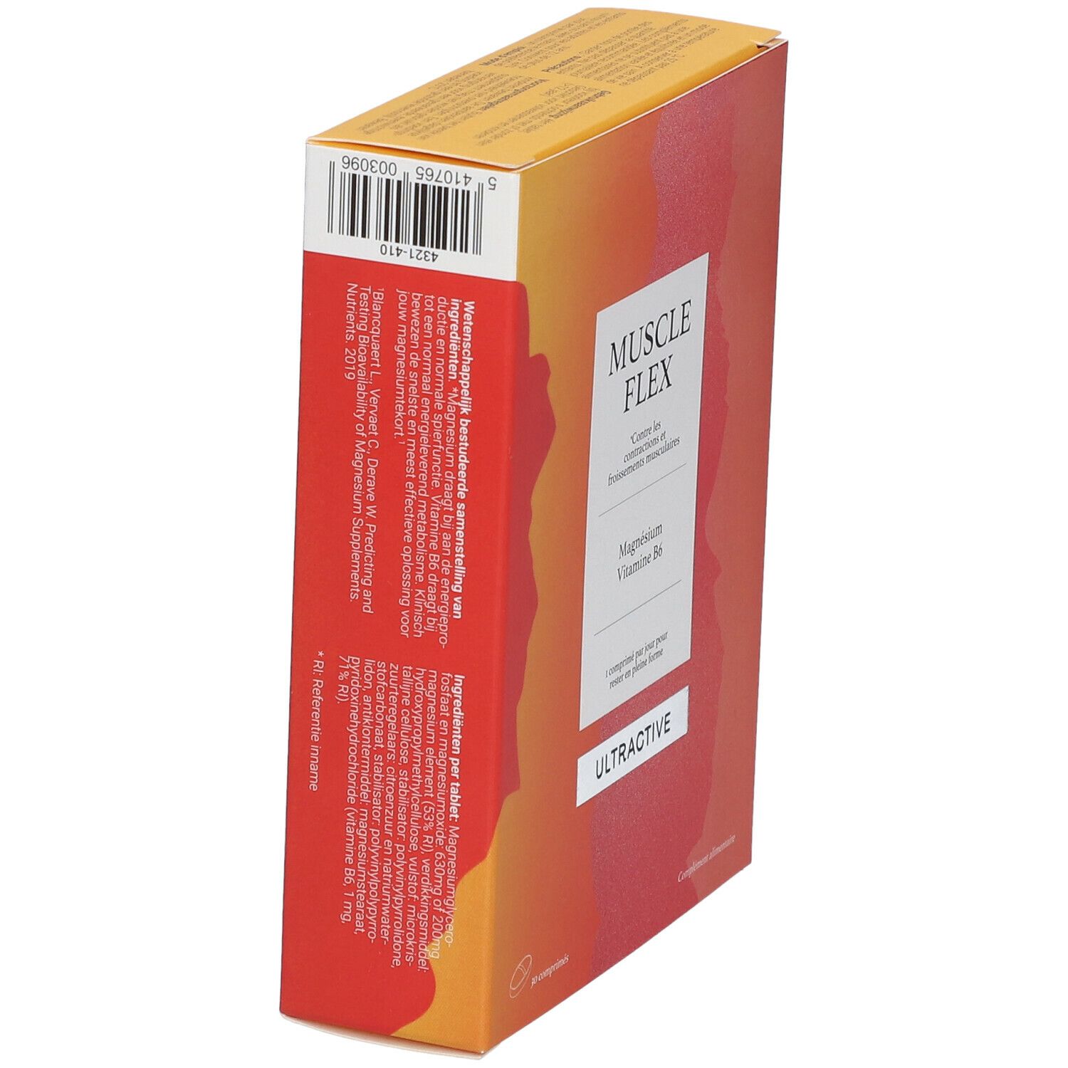 Boîte de Ultractive Muscle Flex en biais. Contient magnésium et vitamine B6. Design orange-rouge.