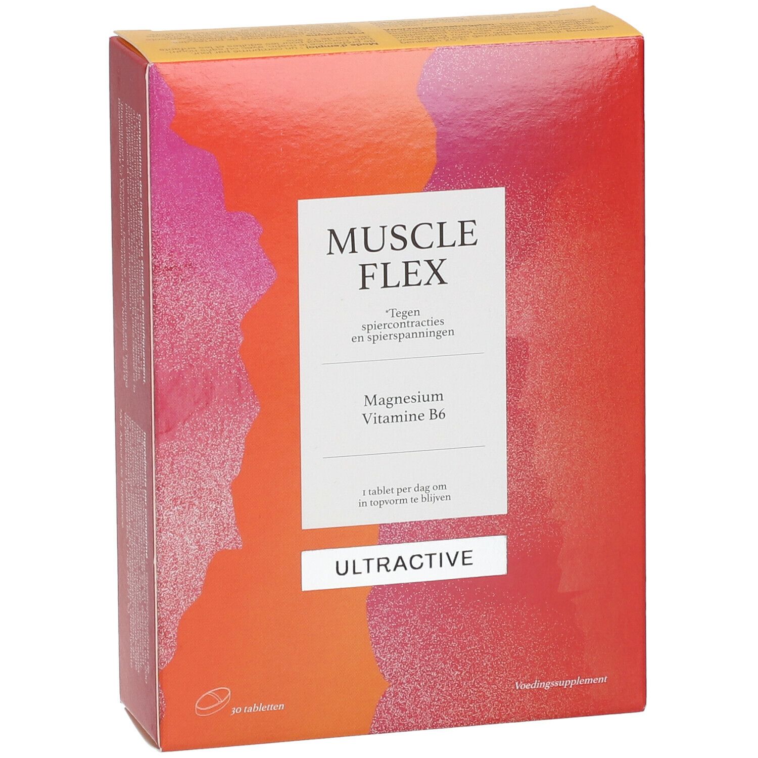 Boîte de Ultractive Muscle Flex. Contient magnésium et vitamine B6. Design orange-rouge avec nom et marque du produit.
