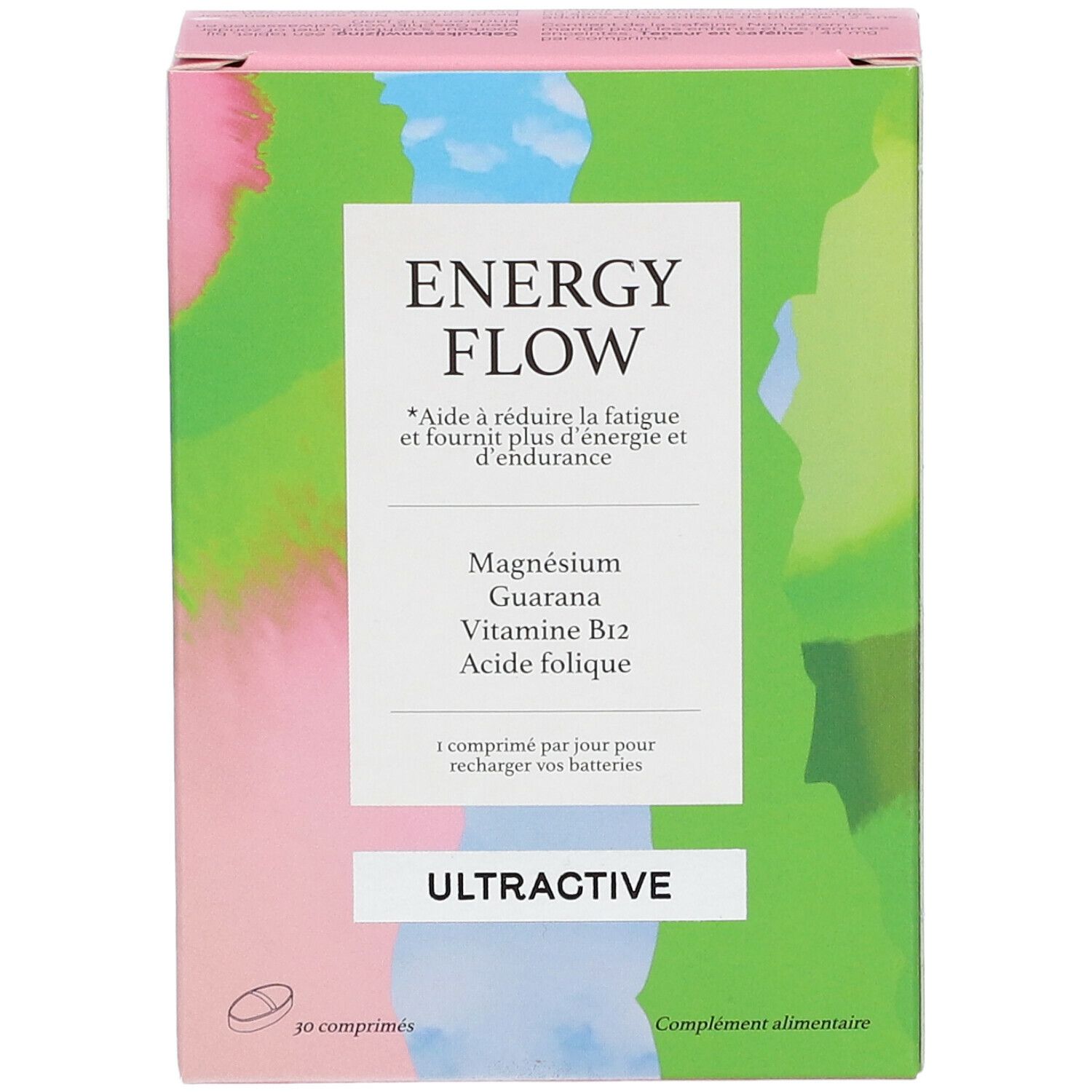 Boîte de Ultractive Energy Flow. Contient magnésium, guarana, vitamine B12 et acide folique. 30 comprimés. Design vert, rose et bleu.