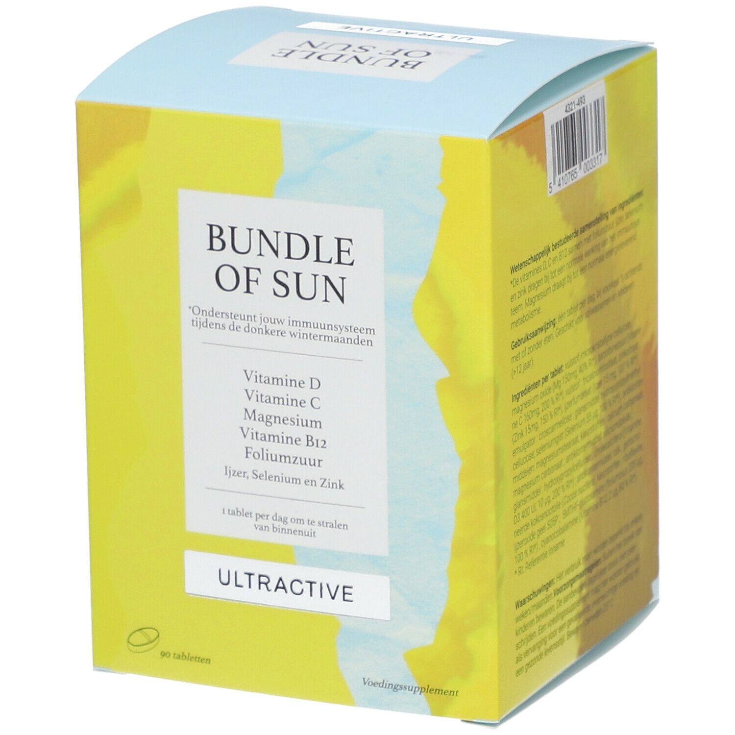 Boîte bleu-jaune "BUNDLE OF SUN" et "ULTRACTIVE". Contient Vitamine D, C, Magnésium, B12, Acide folique, Fer, Sélénium et Zinc.