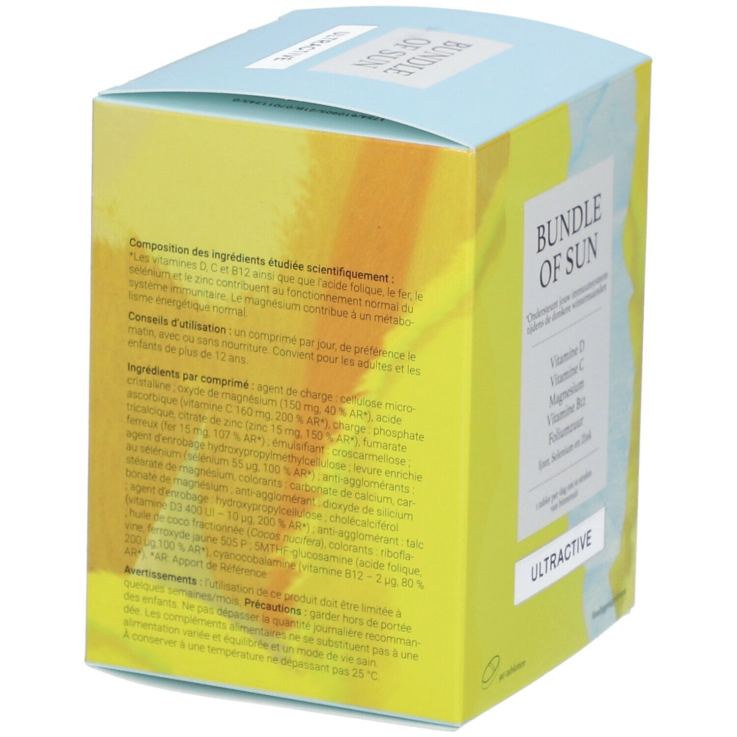 Dos de la boîte bleu-jaune "BUNDLE OF SUN" et "ULTRACTIVE". Contient ingrédients et informations nutritionnelles.