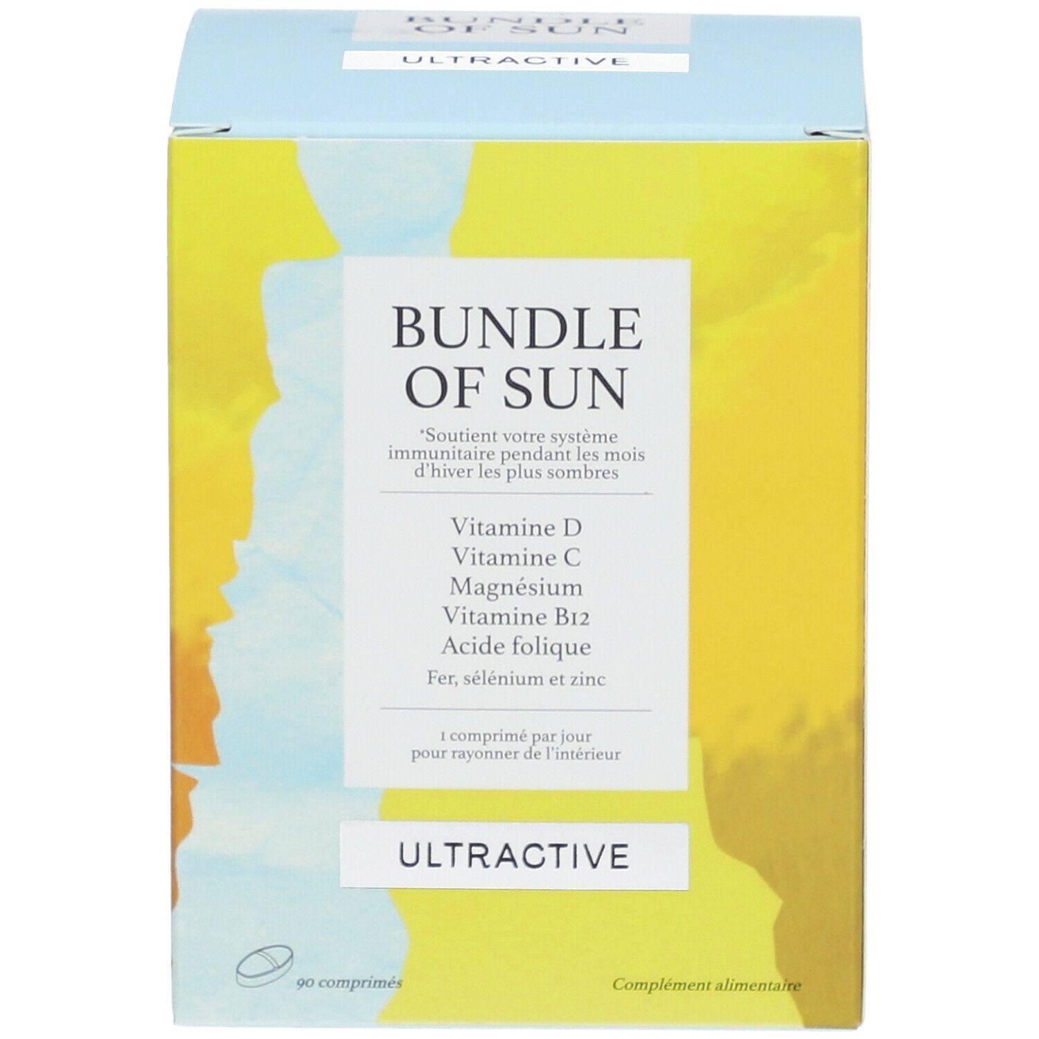 Boîte bleu-jaune "BUNDLE OF SUN" et "ULTRACTIVE". Contient Vitamine D, C, Magnésium, B12, Acide folique, Fer, Sélénium et Zinc. 90 comprimés.