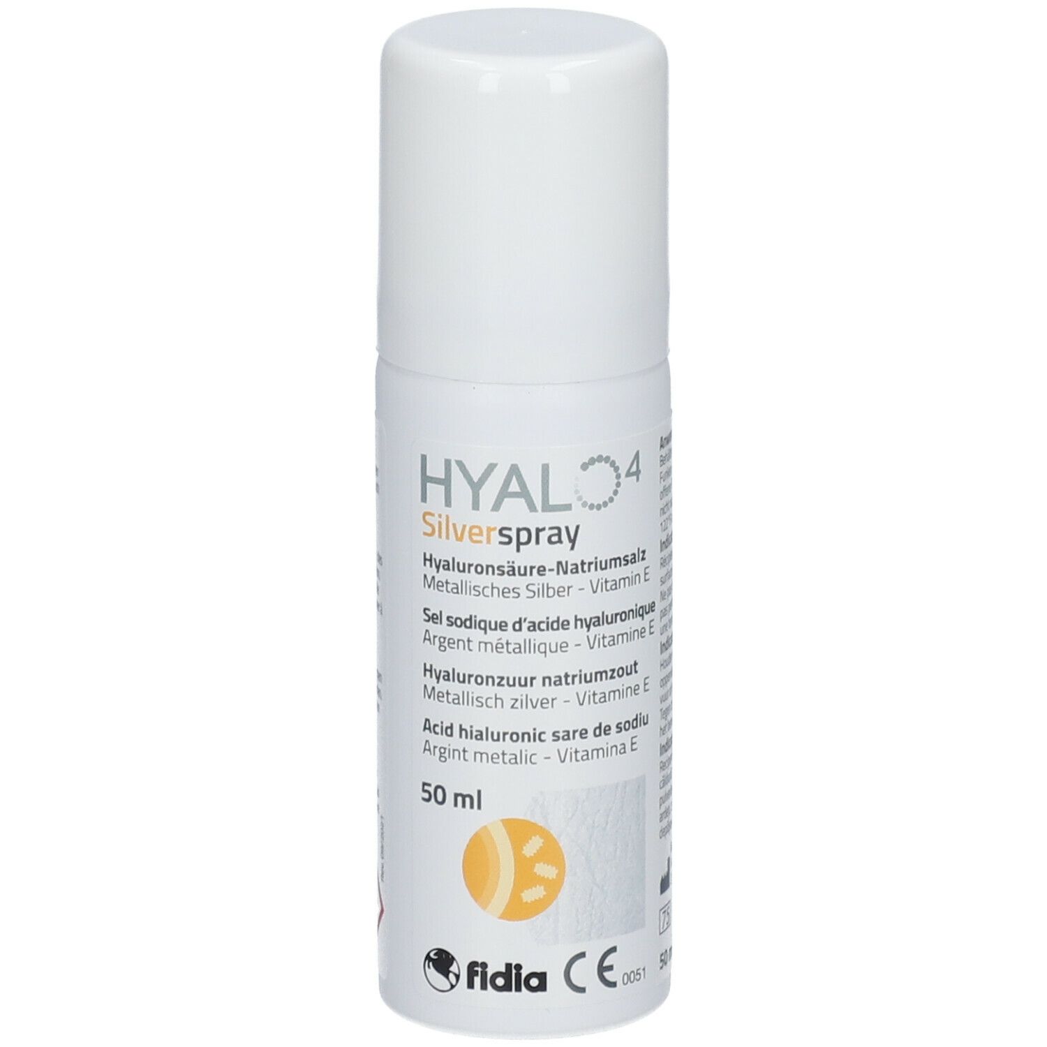 Flacon spray blanc avec bouchon. Inscriptions: HYALO4 Silverspray, ingrédients, 50 ml.