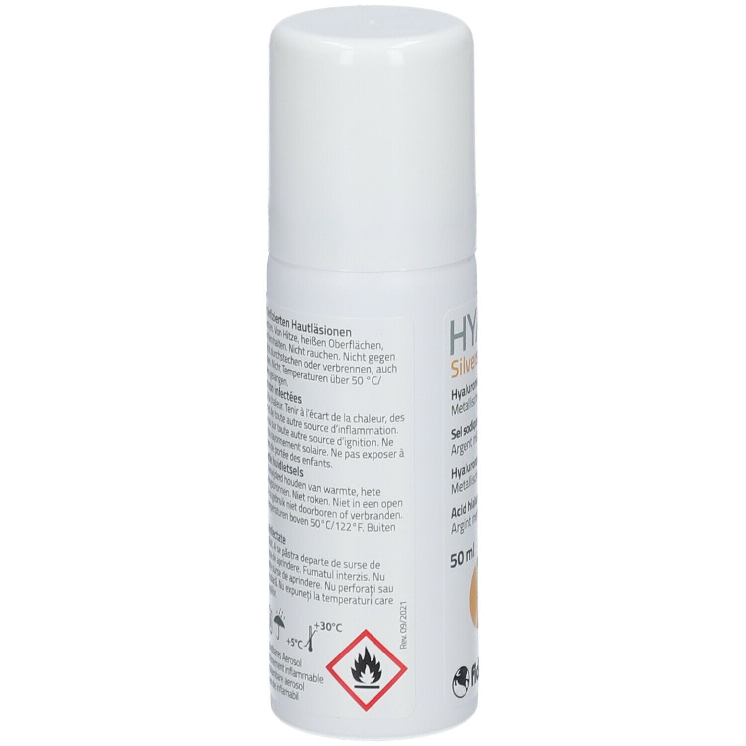 Flacon spray blanc avec bouchon. Dos avec texte multilingue, avertissements et symboles.