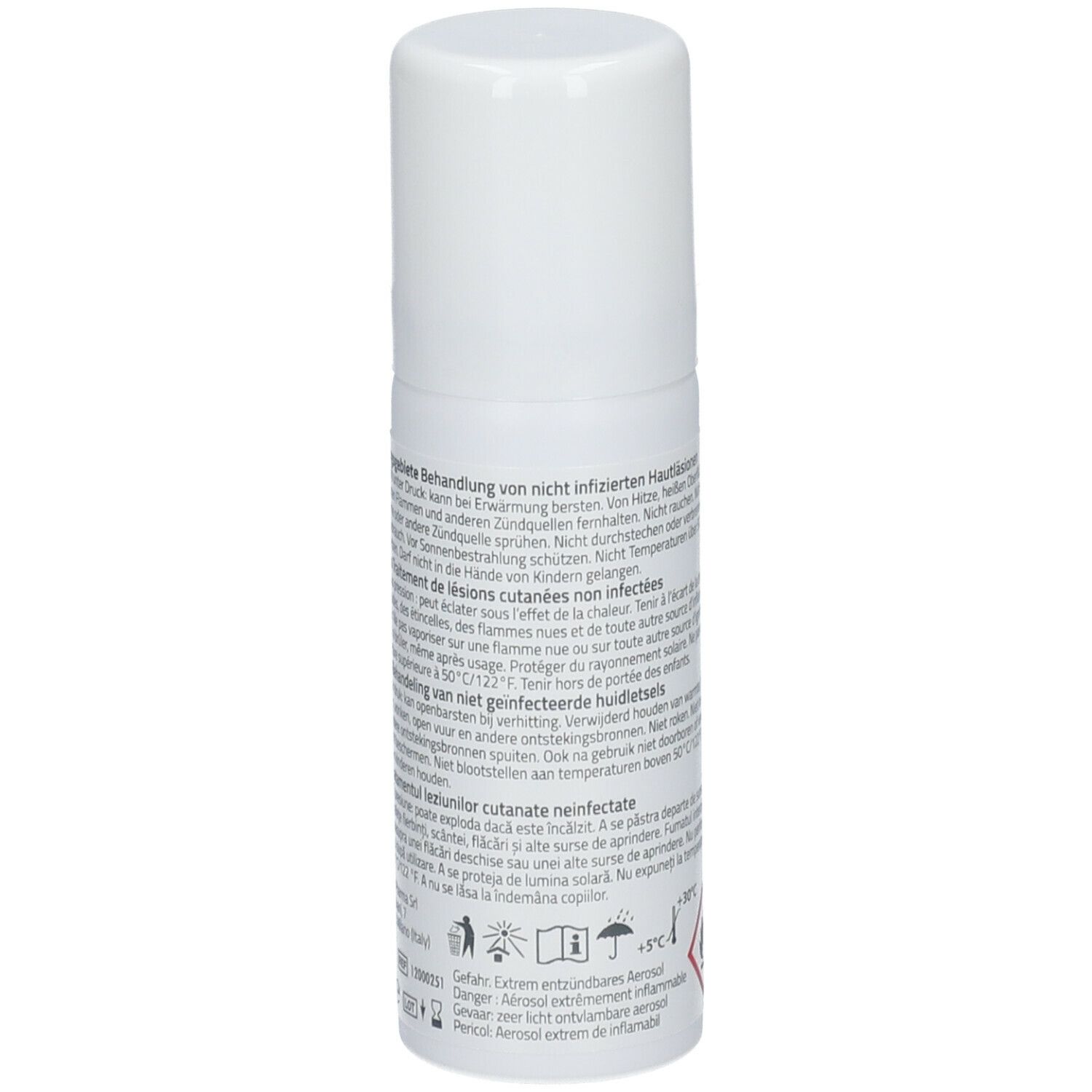 Flacon spray blanc avec bouchon. Dos avec texte multilingue, avertissements et symboles.