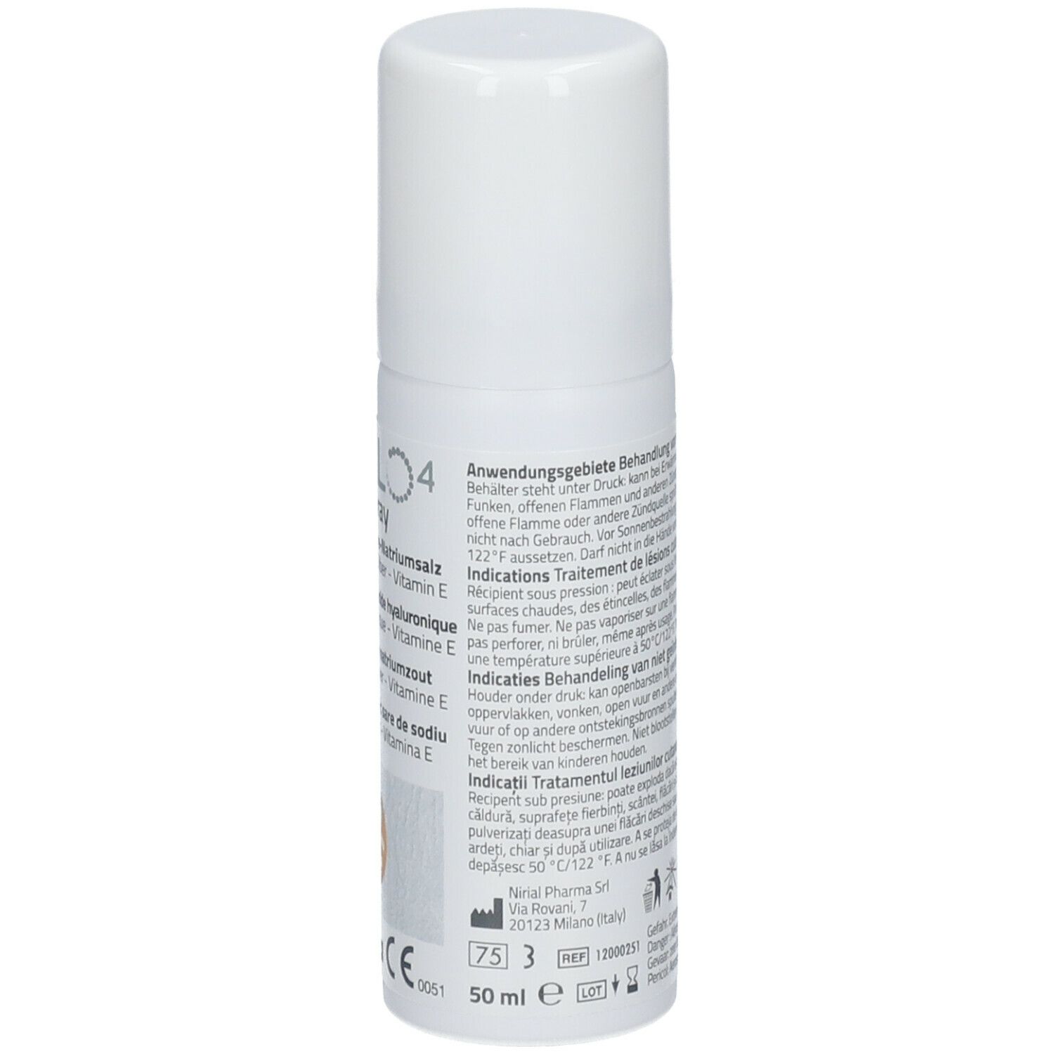 Flacon spray blanc avec bouchon. Dos avec texte multilingue, avertissements et symboles.