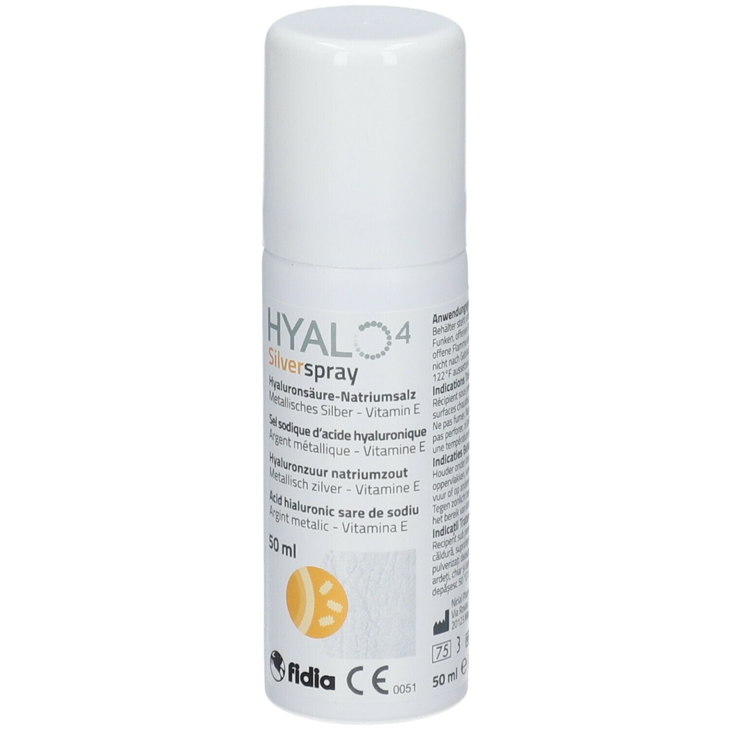 Flacon spray blanc avec bouchon. Inscriptions: HYALO4 Silverspray, ingrédients, 50 ml.