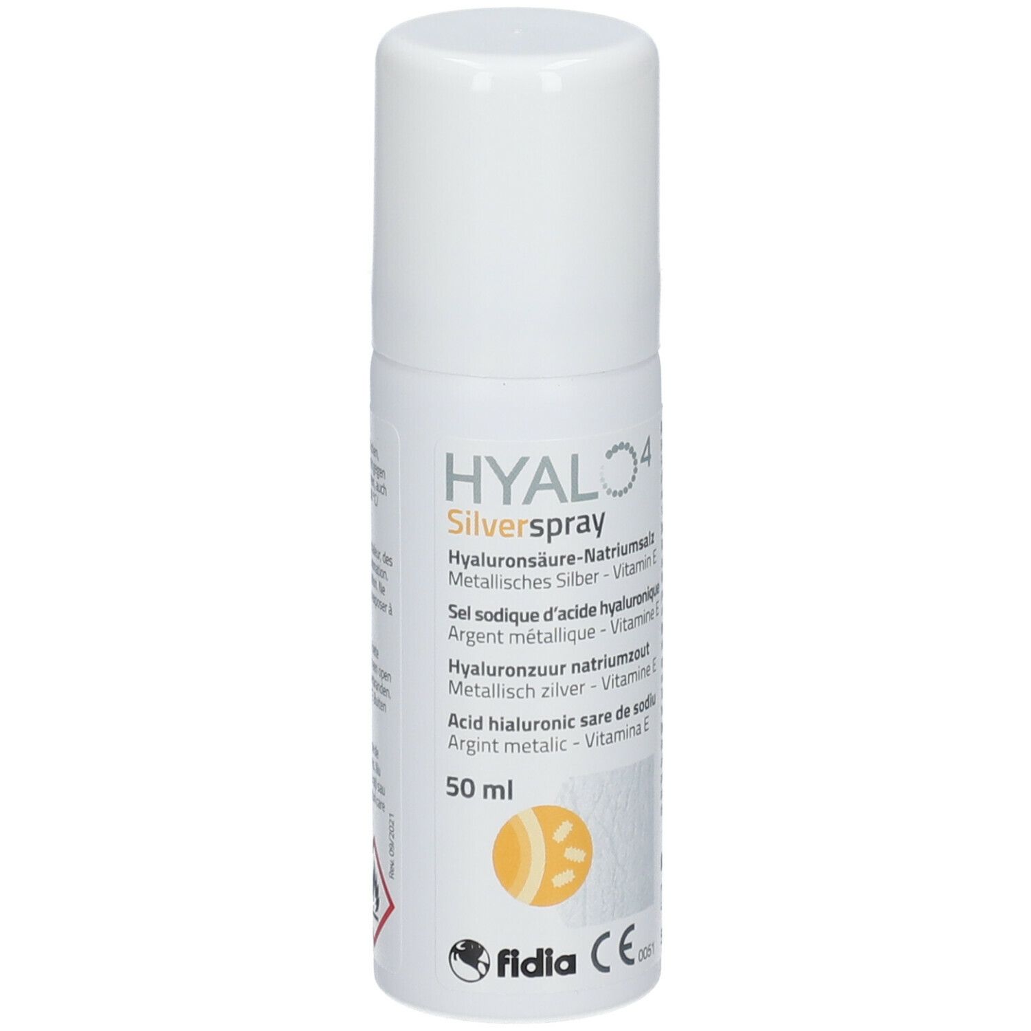 Flacon spray blanc avec bouchon. Inscriptions: HYALO4 Silverspray, ingrédients, 50 ml.