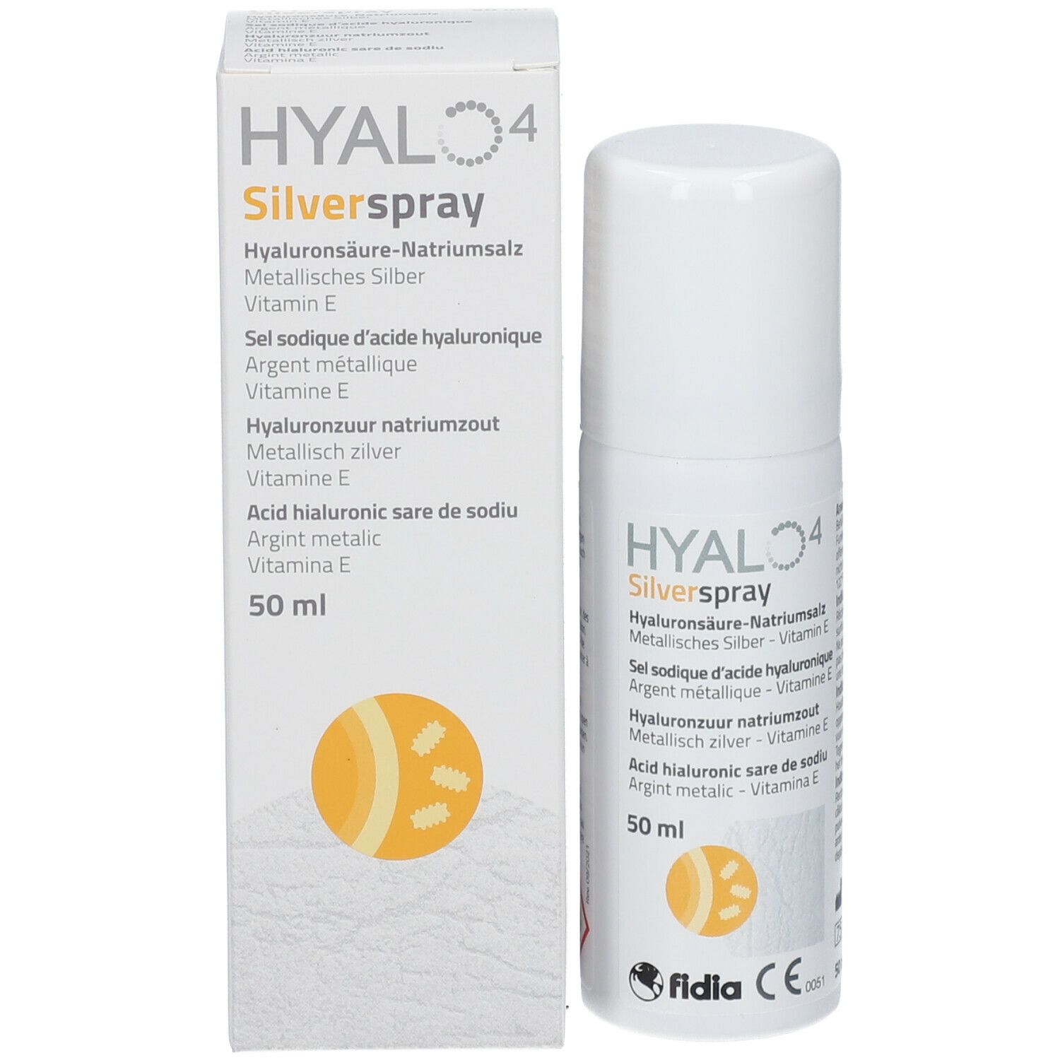 Flacon spray blanc et boîte. Inscriptions: HYALO4 Silverspray, ingrédients, 50 ml. Boîte à gauche.