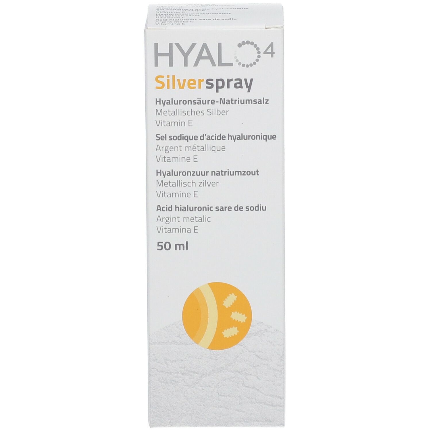 Boîte avec inscriptions: HYALO4 Silverspray, ingrédients, 50 ml. Illustration du produit et logo.