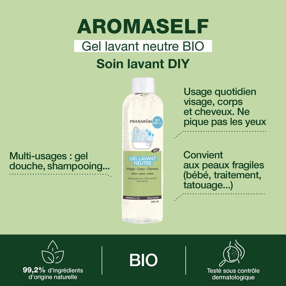 Arrière d'un flacon blanc Pranarôm Gel Lavant Neutre Bio avec label Bio et instructions.