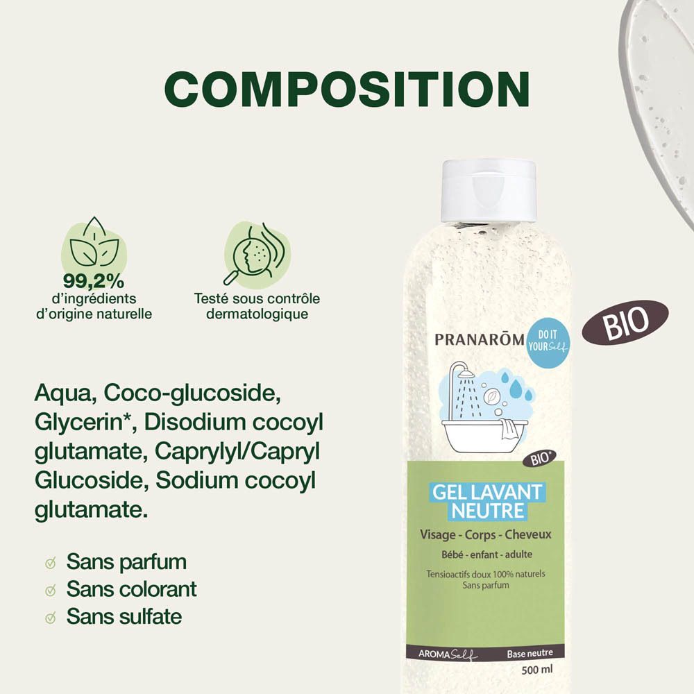 Arrière d'un flacon blanc Pranarôm Gel Lavant Neutre Bio avec label Bio, ingrédients et logos.