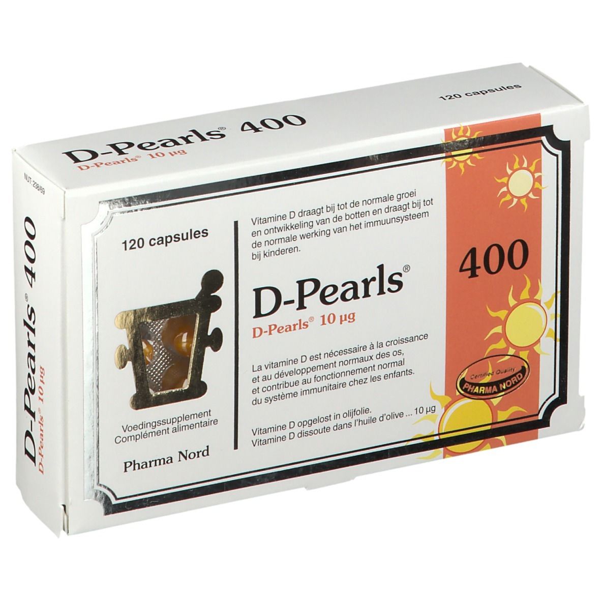 Boîte D-Pearls 400. Contient 120 capsules. Visible : nom du produit, logo, texte multilingue.