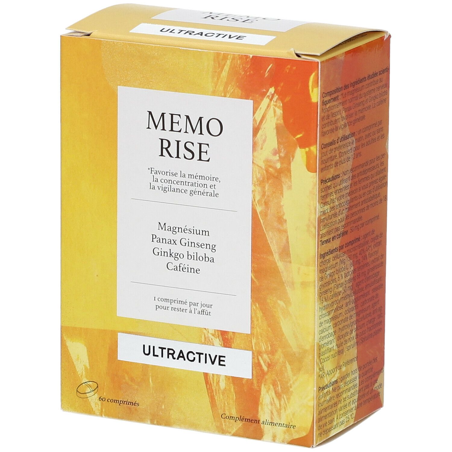 Boîte de Ultractive Memo Rise. Contient magnésium, Panax Ginseng, Ginkgo biloba et caféine. 60 comprimés.