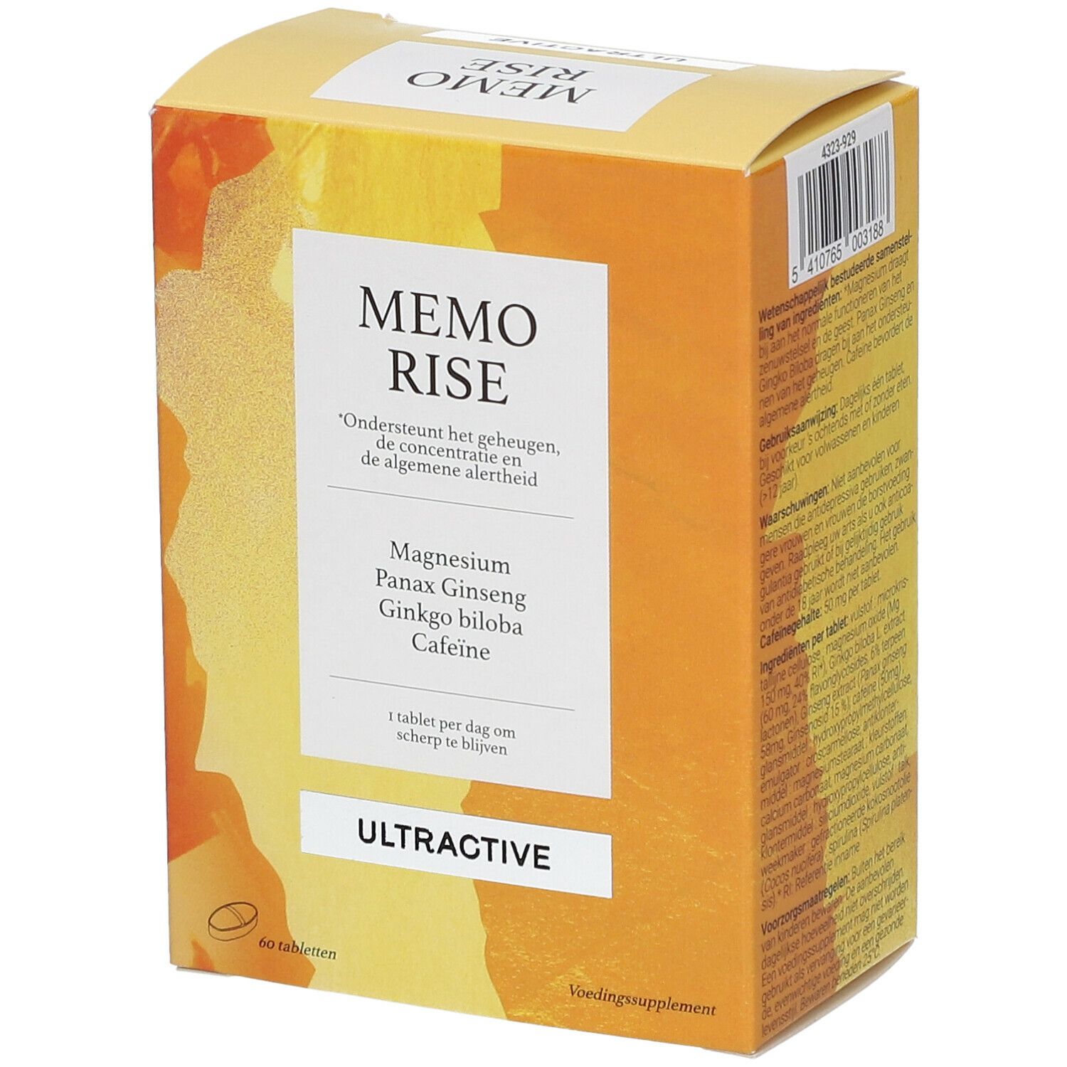 Boîte de Ultractive Memo Rise. Contient magnésium, Panax Ginseng, Ginkgo biloba et caféine. 60 comprimés.