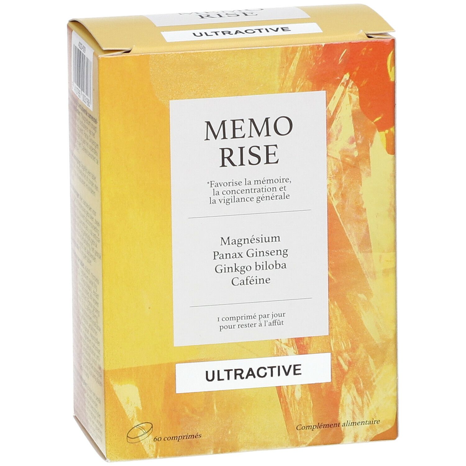 Boîte de Ultractive Memo Rise. Contient magnésium, Panax Ginseng, Ginkgo biloba et caféine. 60 comprimés.