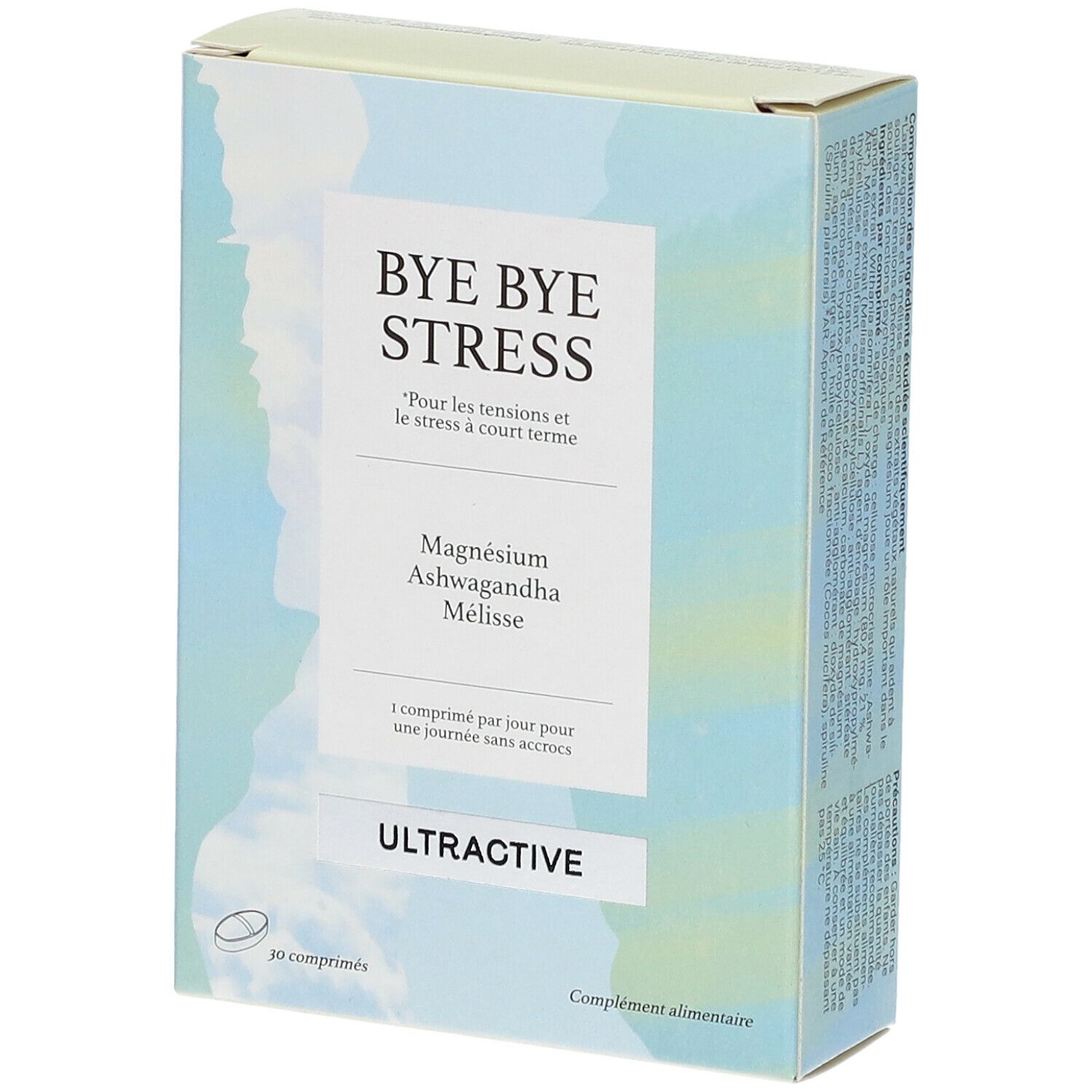 Boîte "BYE BYE STRESS" avec magnésium, ashwagandha et mélisse. Marque ULTRACTIVE. 30 comprimés. Inscription en français.