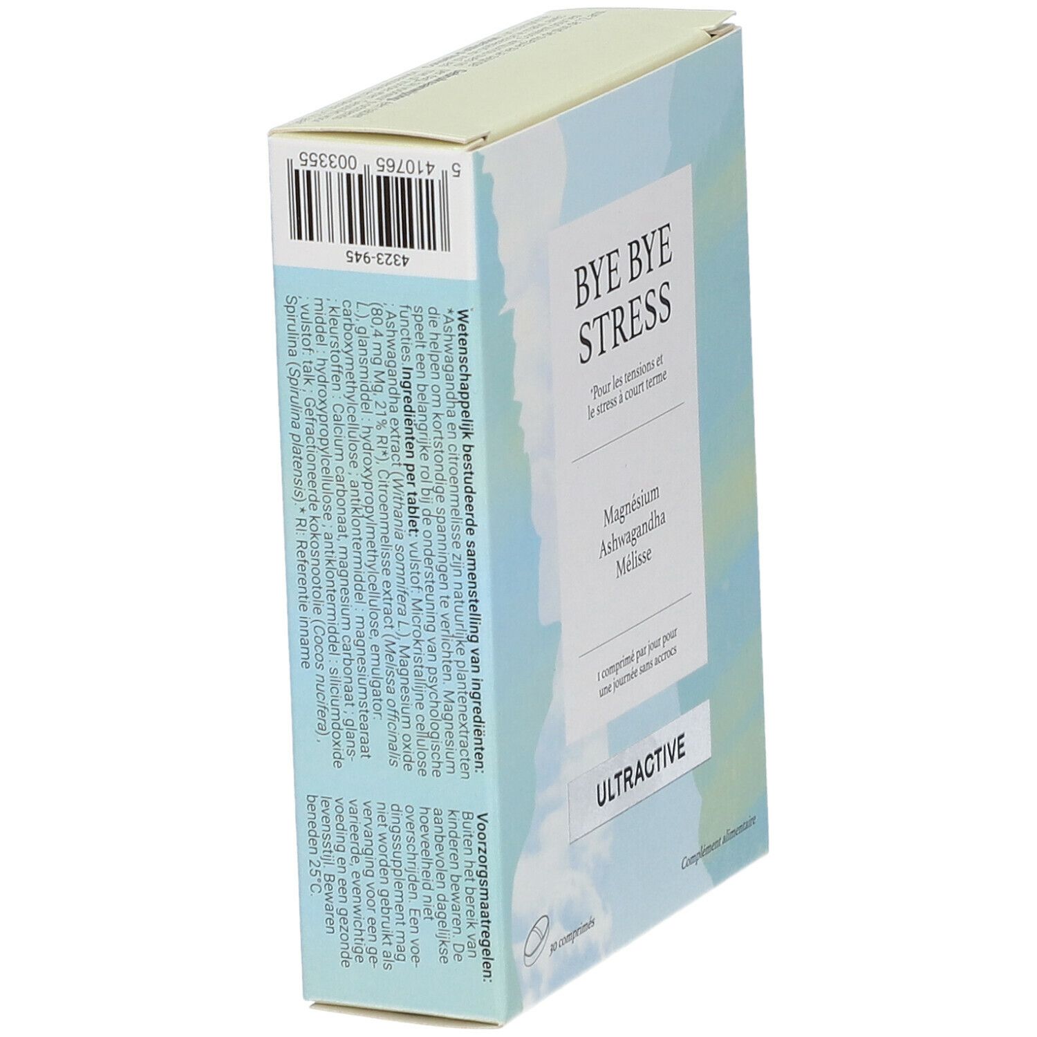 Boîte "BYE BYE STRESS" avec informations sur les ingrédients. Contient magnésium, ashwagandha et mélisse. ULTRACTIVE. 30 comprimés.