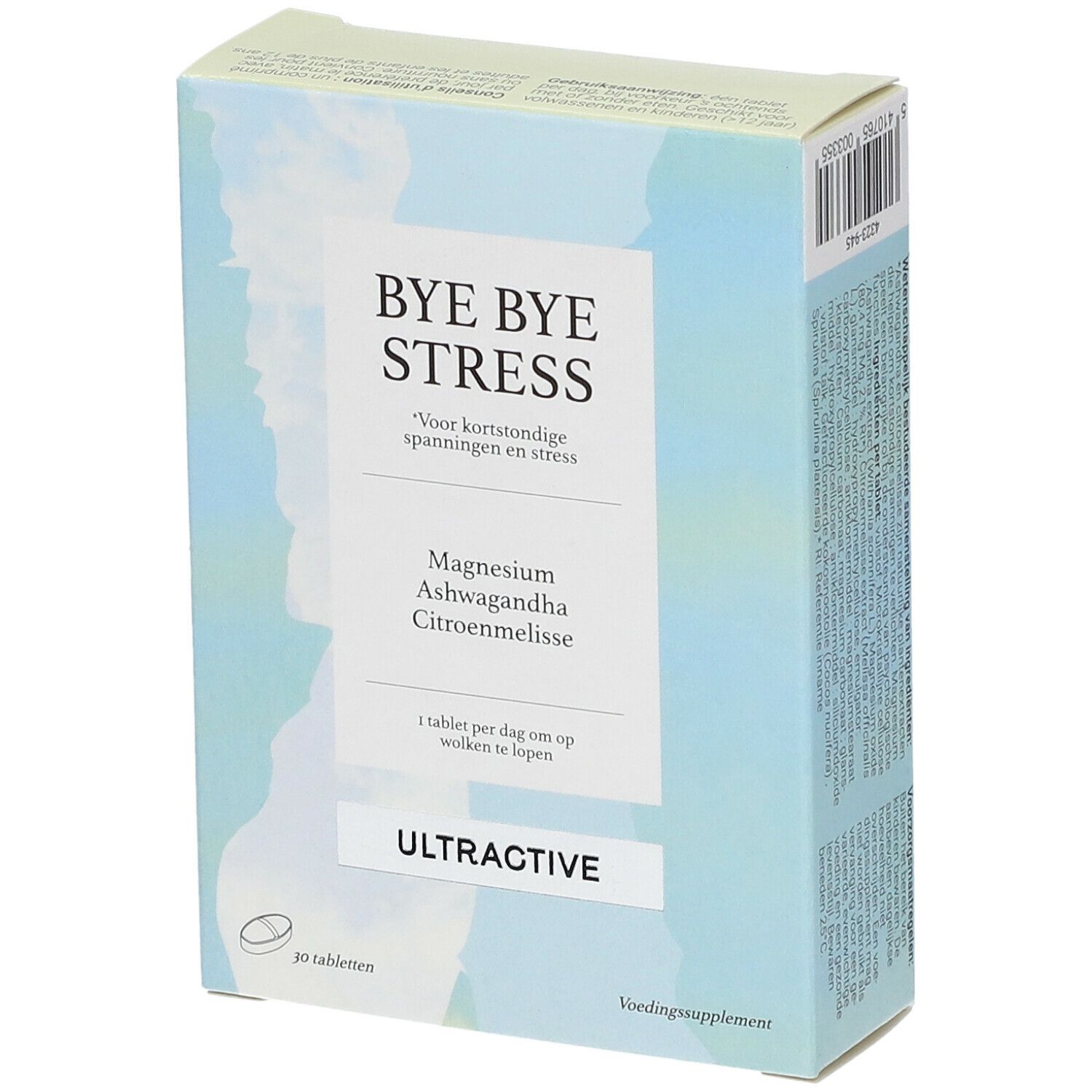 Boîte "BYE BYE STRESS" avec magnésium, ashwagandha et mélisse. Marque ULTRACTIVE. 30 comprimés. Inscription en néerlandais.