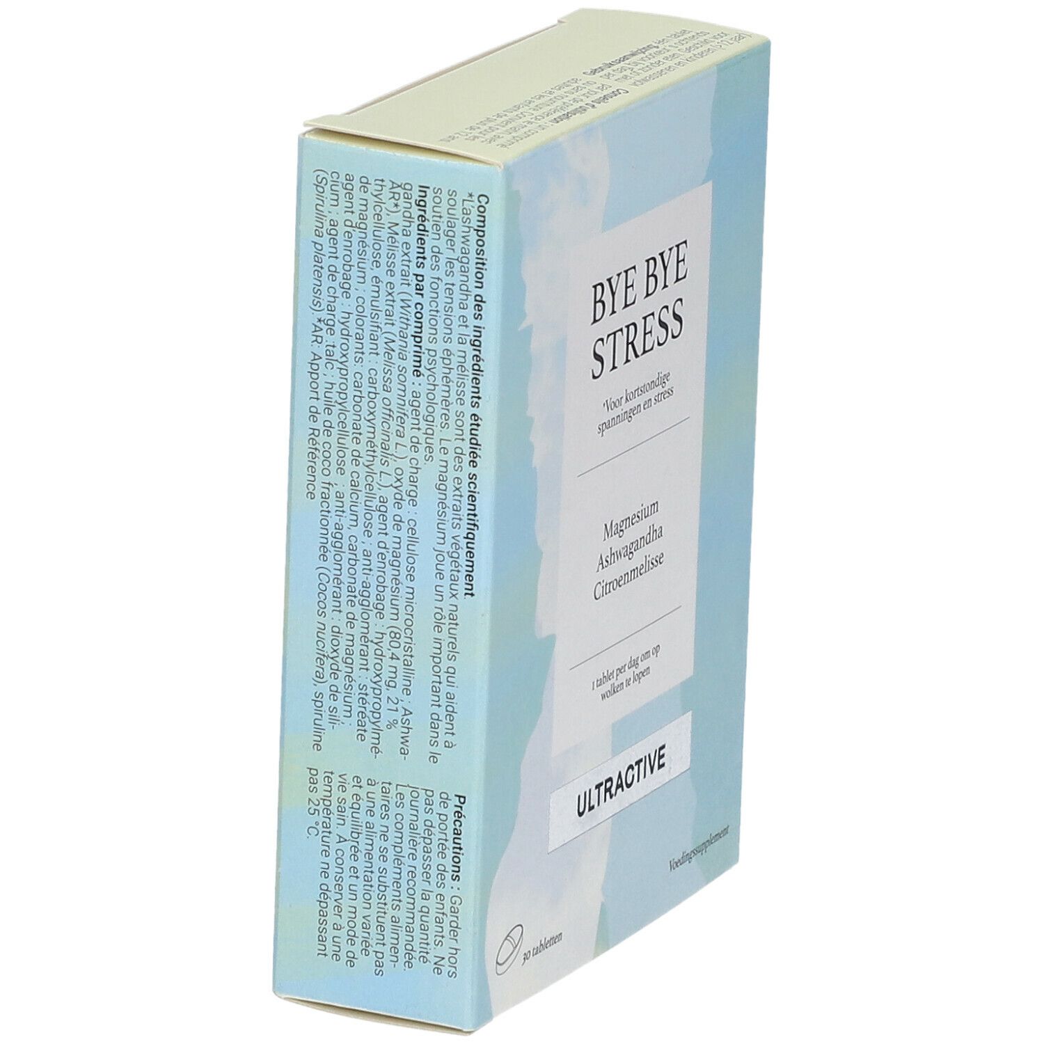 Boîte "BYE BYE STRESS" avec informations sur les ingrédients. Contient magnésium, ashwagandha et mélisse. ULTRACTIVE. 30 comprimés.