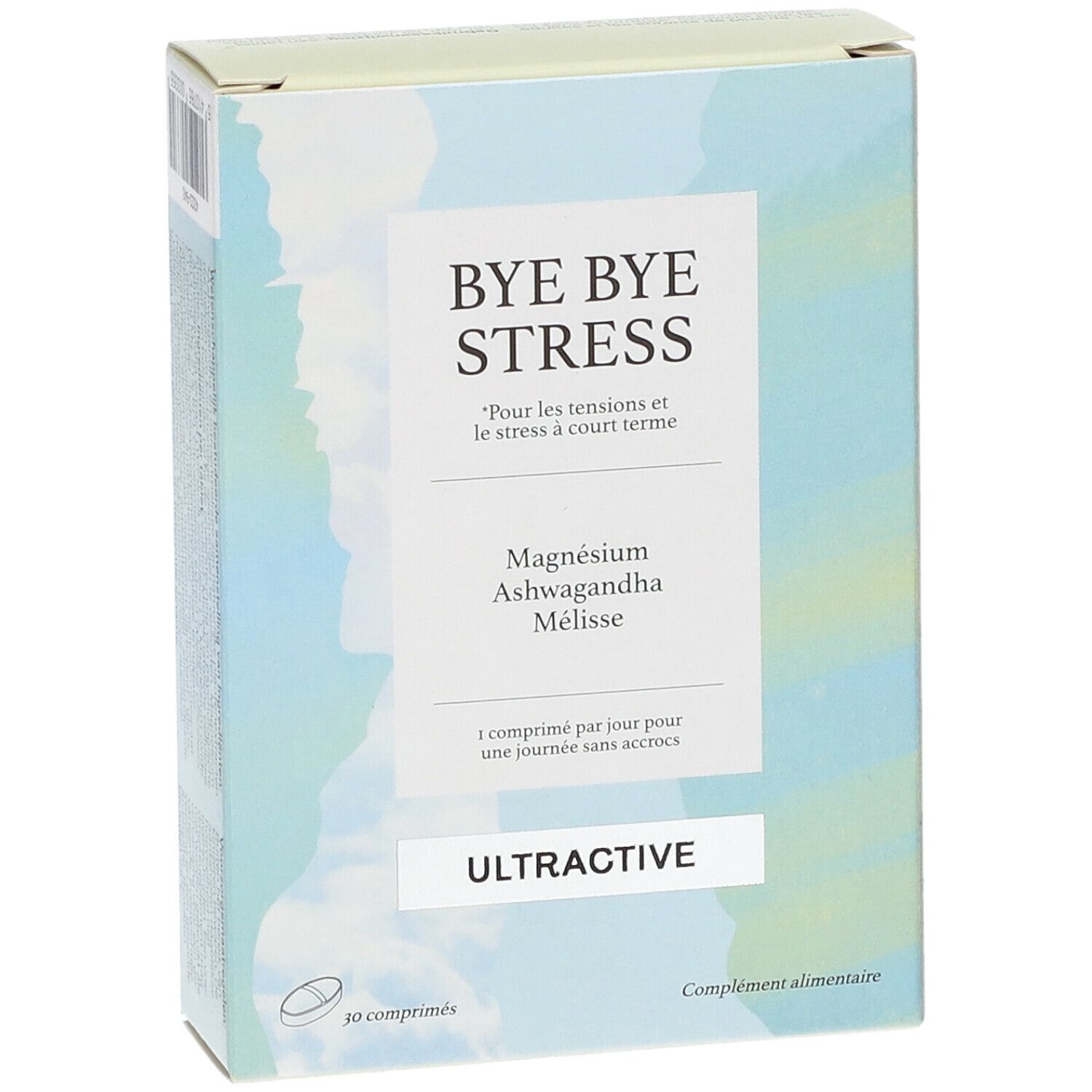 Boîte "BYE BYE STRESS" avec magnésium, ashwagandha et mélisse. Marque ULTRACTIVE. 30 comprimés. Inscription en français.