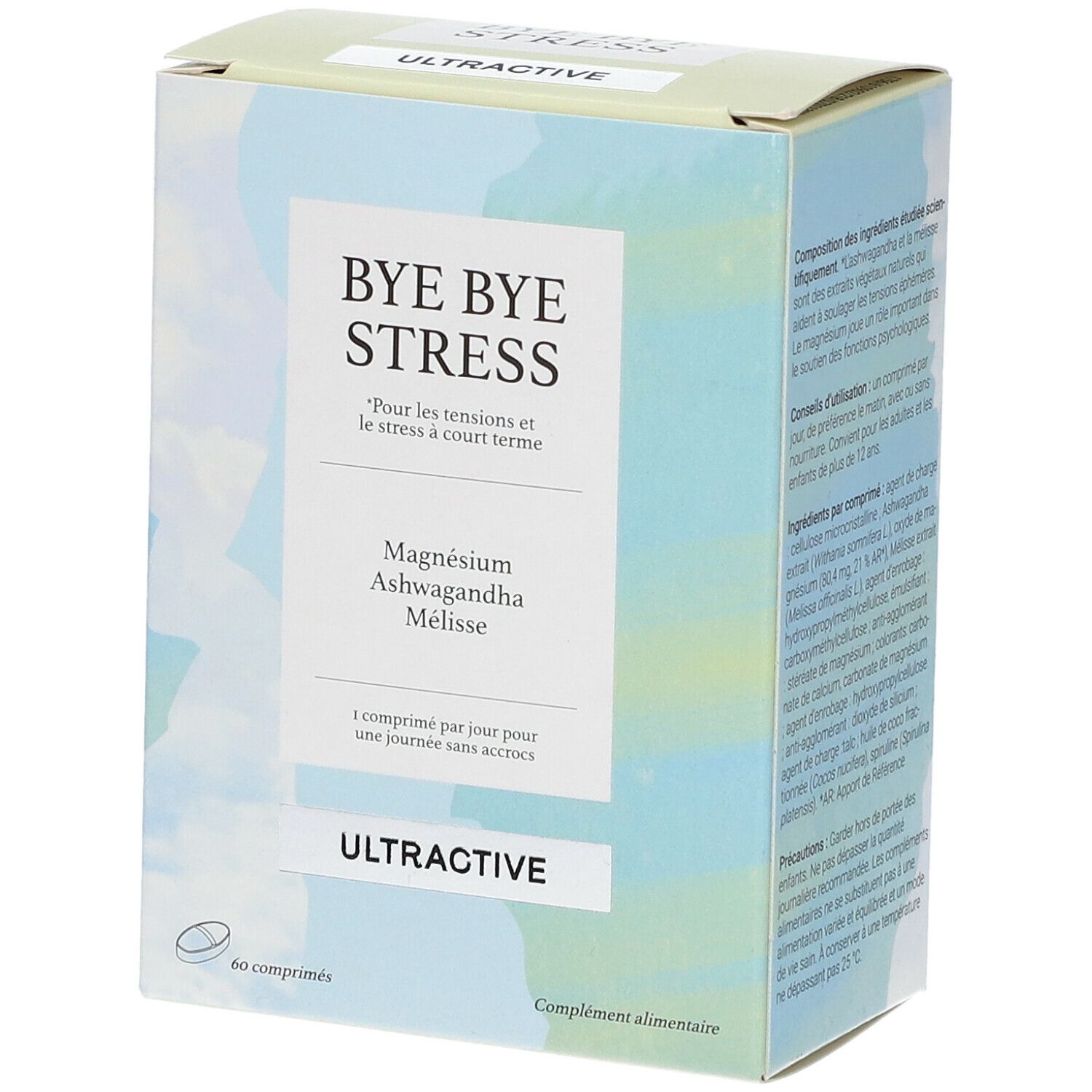 Boîte ULTRACTIVE® Bye Bye Stress. Contient 60 comprimés. Magnésium, ashwagandha et mélisse. 1/jour.