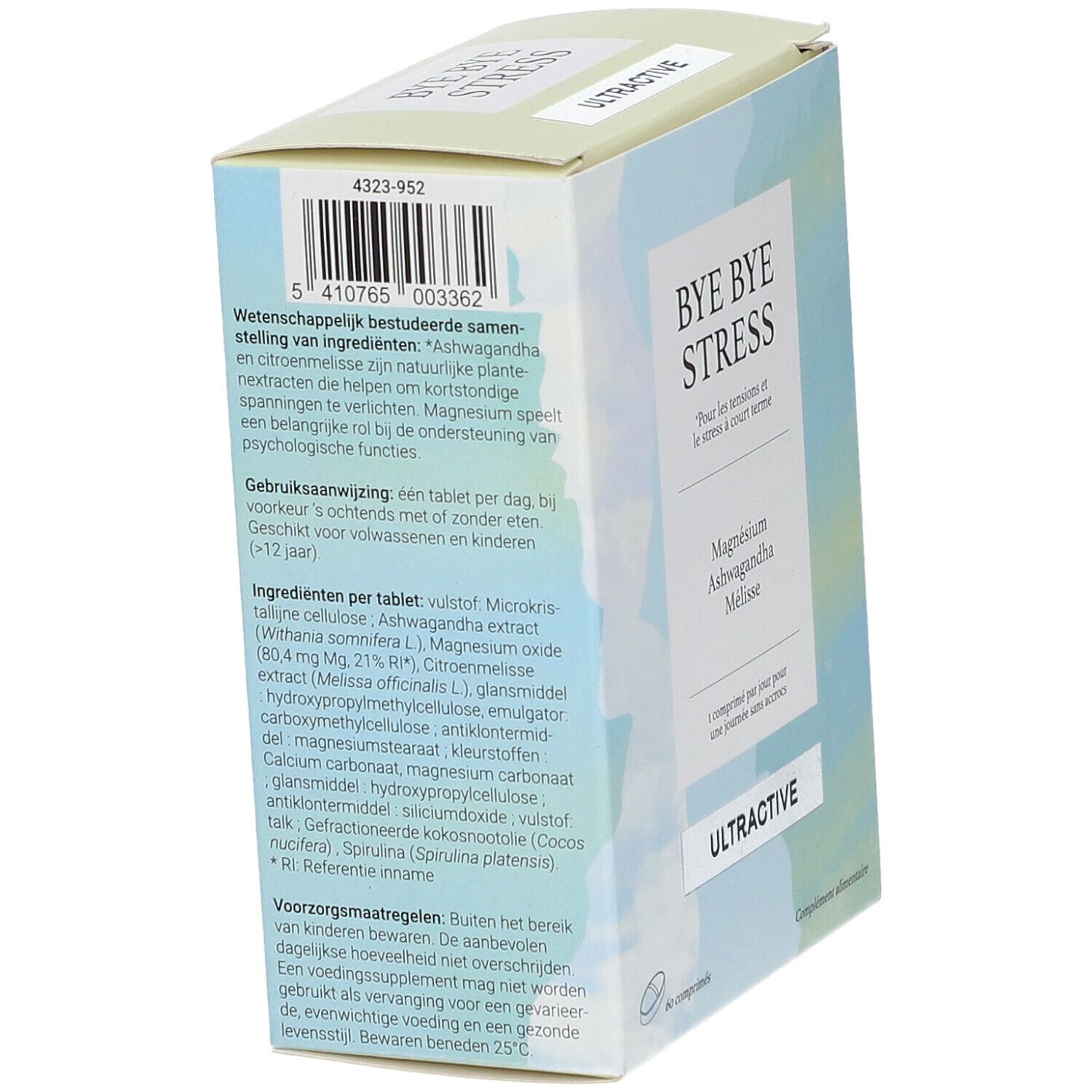 Dos de la boîte ULTRACTIVE® Bye Bye Stress. Ingrédients, mode d'emploi et précautions.