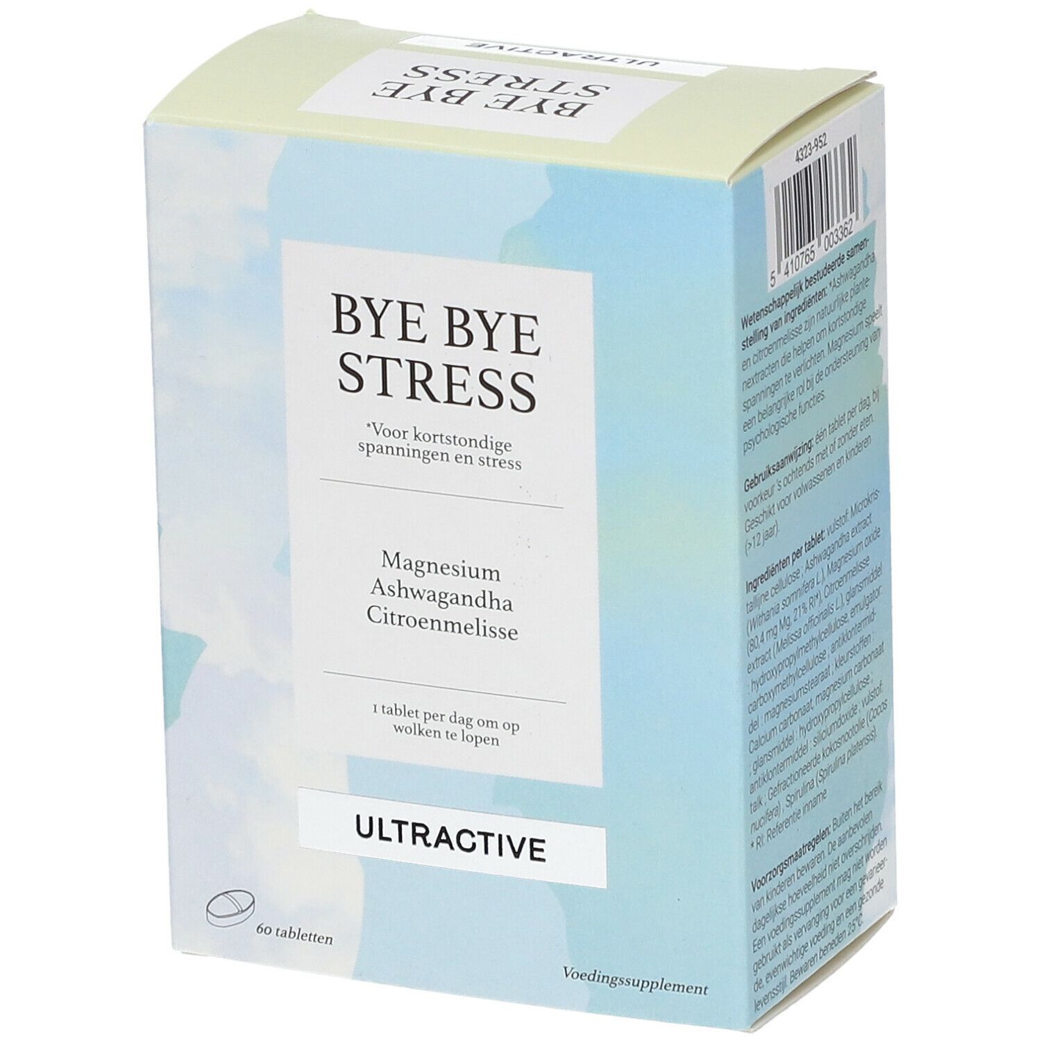 Boîte ULTRACTIVE® Bye Bye Stress. 60 comprimés. Magnésium, ashwagandha et mélisse. 1/jour.