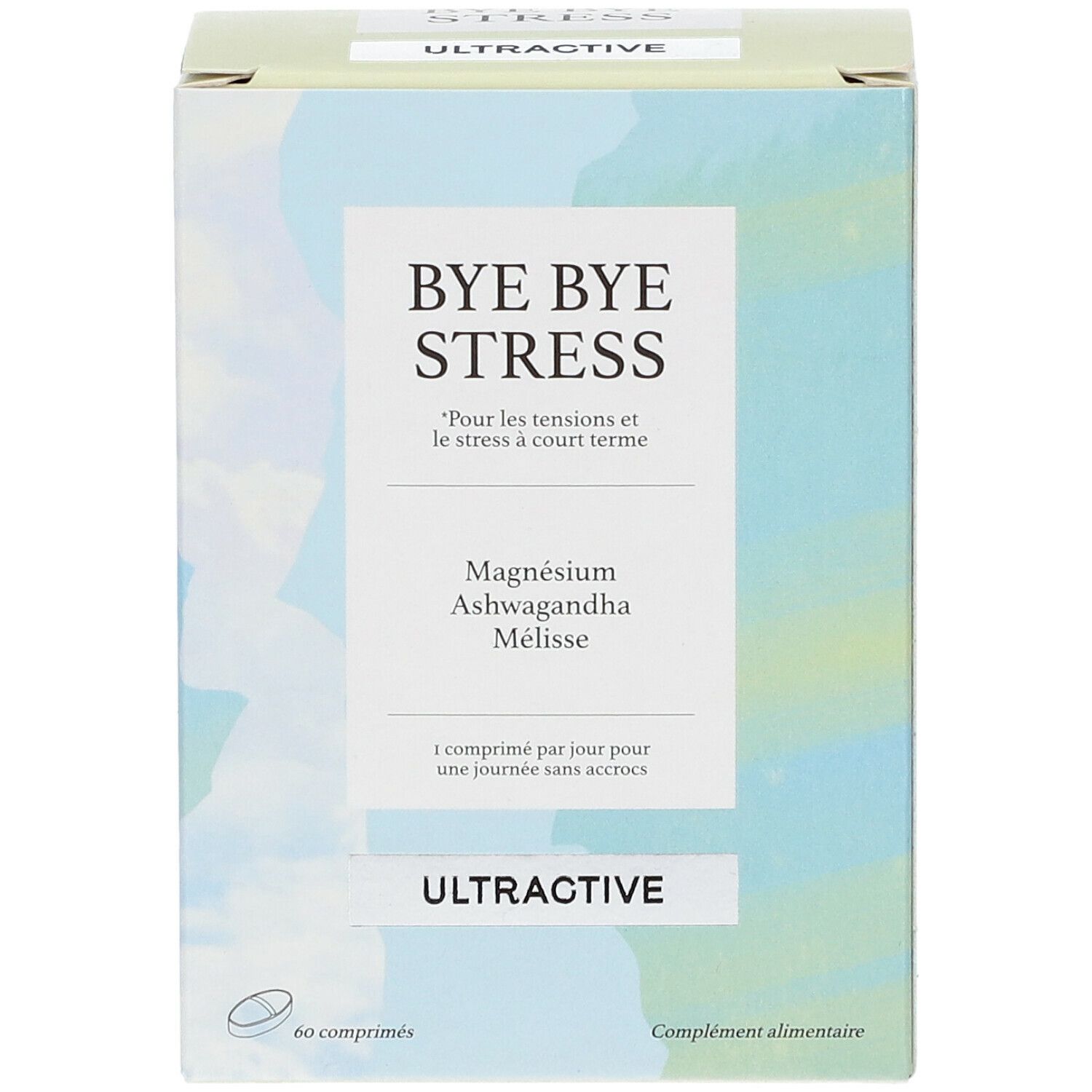 Boîte ULTRACTIVE® Bye Bye Stress. 60 comprimés. Magnésium, ashwagandha et mélisse. 1/jour.