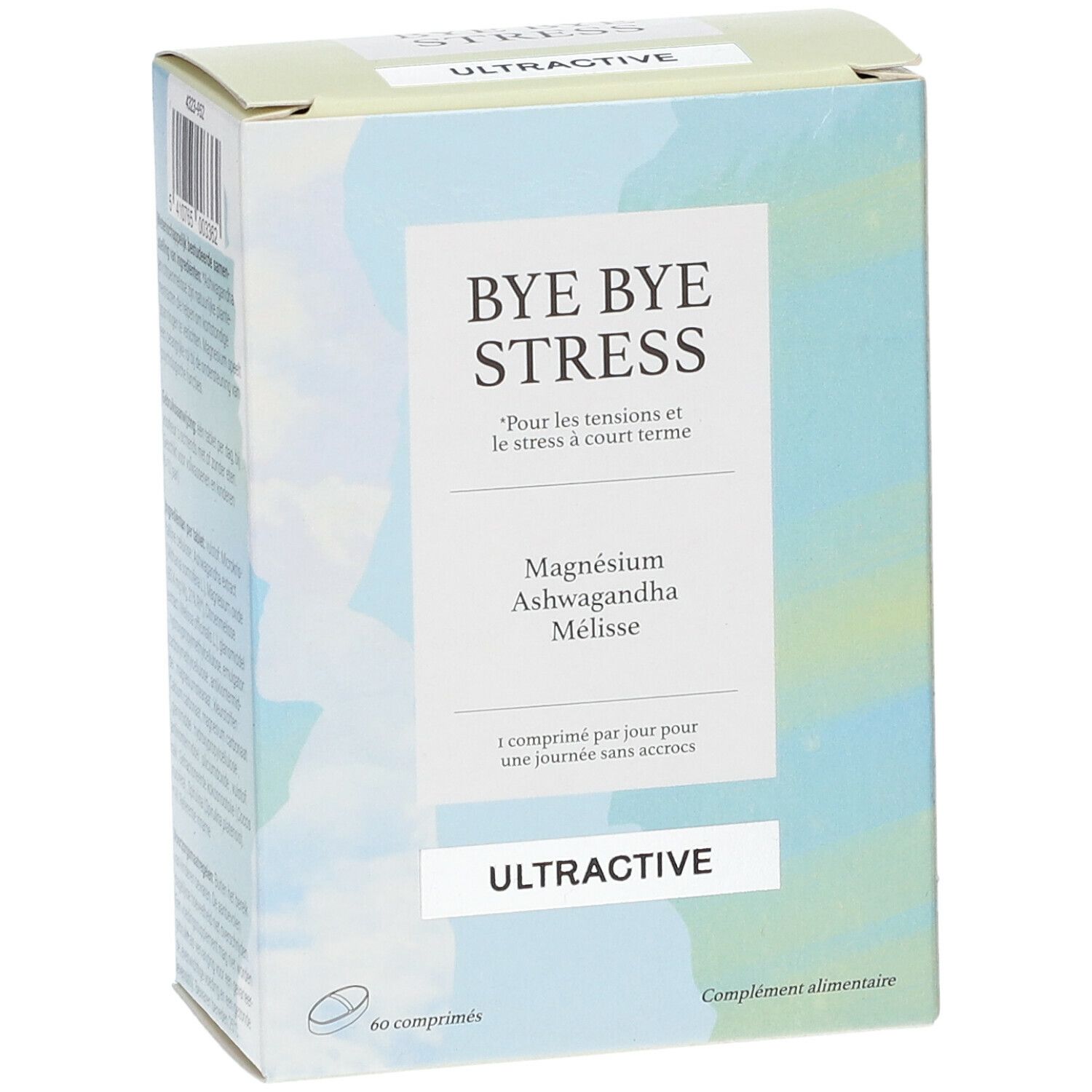 Boîte ULTRACTIVE® Bye Bye Stress. 60 comprimés. Magnésium, ashwagandha et mélisse. 1/jour.