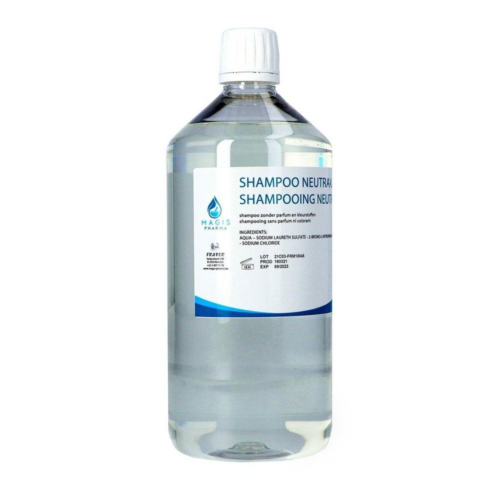 Flacon transparent avec bouchon blanc. Étiquette avec nom du produit et logo. Liquide clair.