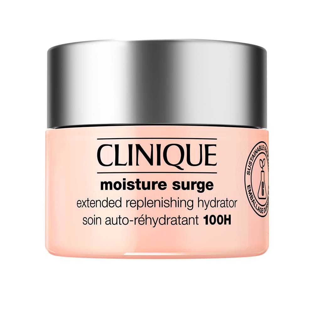 Crème hydratante Clinique Moisture Surge 100H dans un pot rose avec un couvercle argenté.