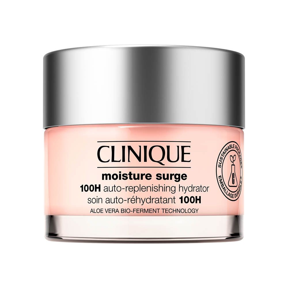 Crème hydratante CLINIQUE Moisture Surge 100H dans un pot en verre avec un couvercle argenté.