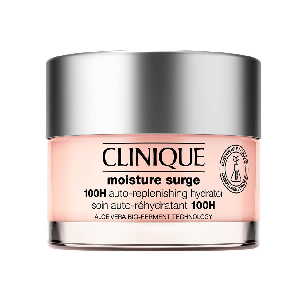 Crème hydratante Clinique Moisture Surge 100H dans un pot en verre avec un couvercle argenté.
