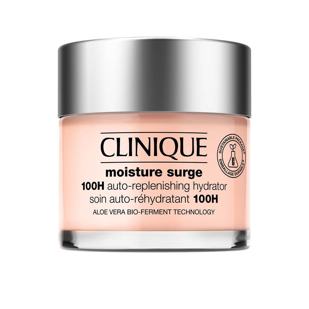 Crème hydratante Clinique Moisture Surge 100H dans un pot en verre avec un couvercle argenté.