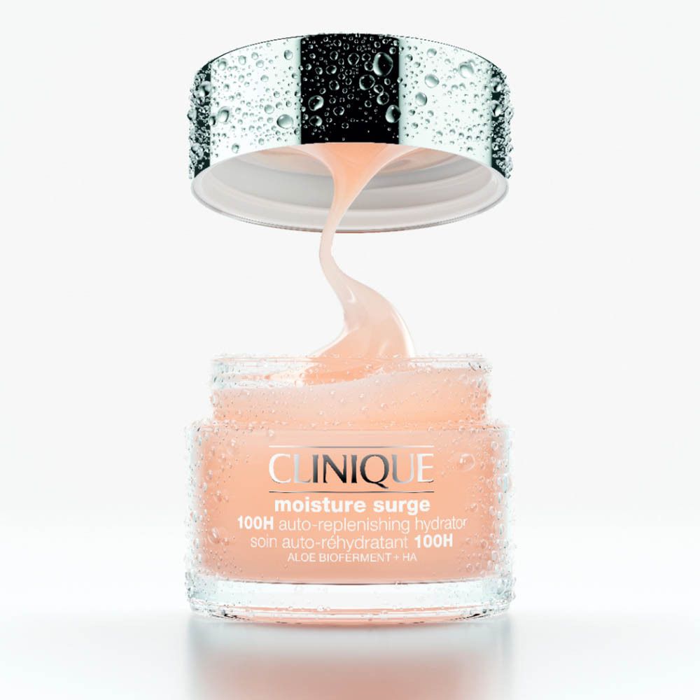 Crème hydratante Clinique Moisture Surge 100H dans un pot en verre, avec le texte "99% disent que la peau est profondément hydratée".