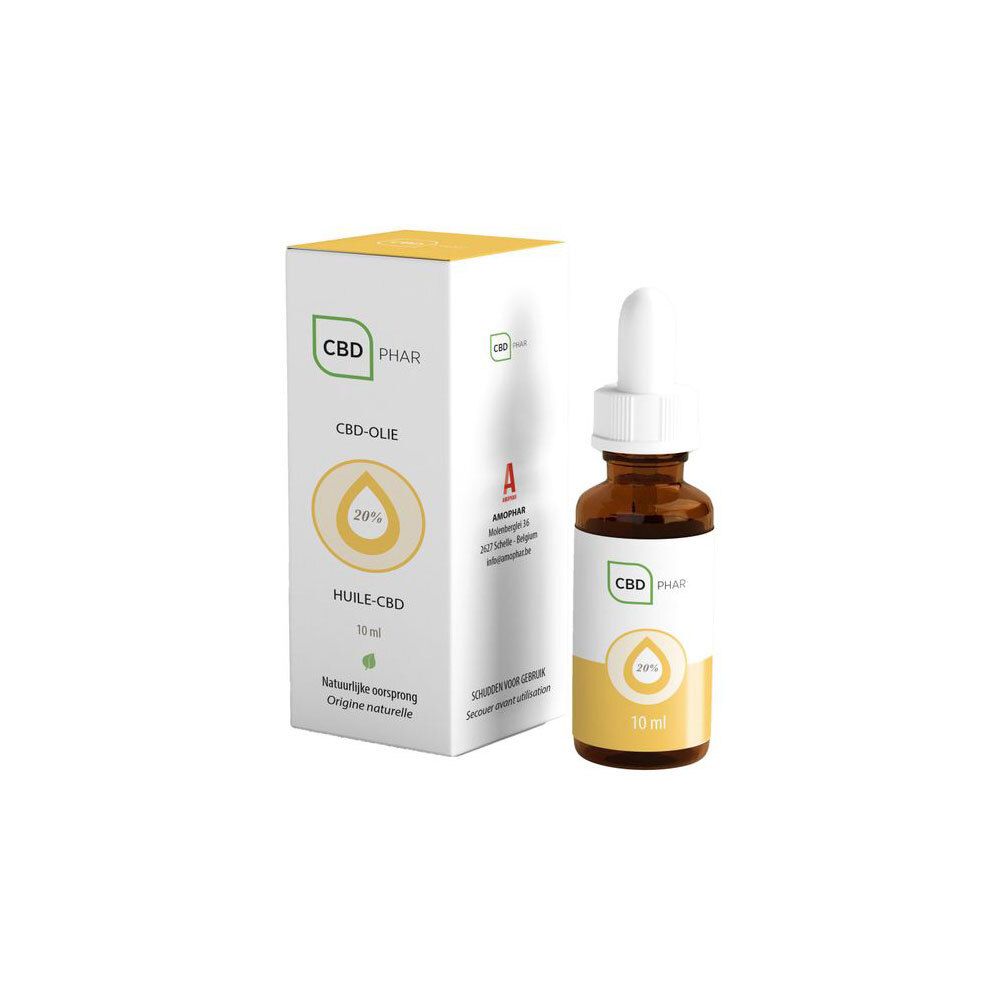 Emballage avec flacon. Boîte blanche avec CBD-PHAR, huile de CBD, 20% et 10 ml.