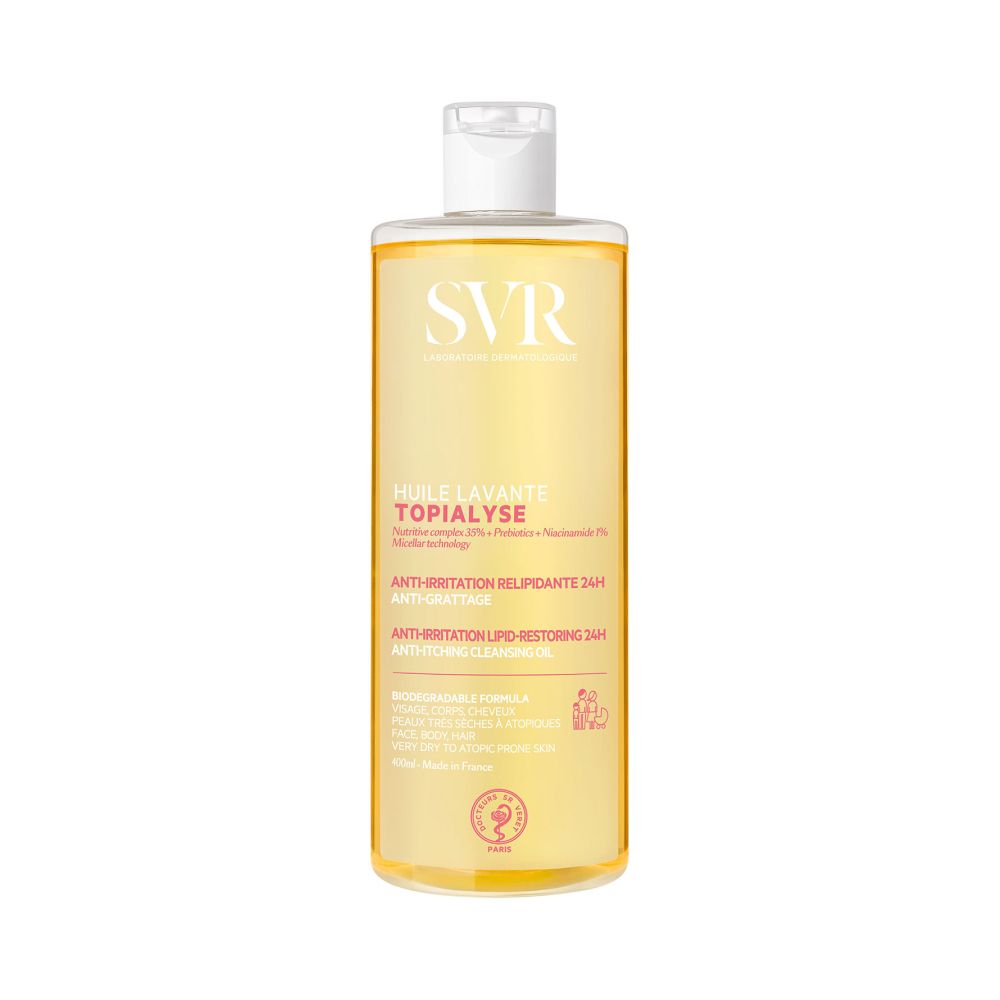 Huile lavante Topialyse SVR, flacon transparent, liquide jaune. Inscriptions visibles. Bouchon blanc.