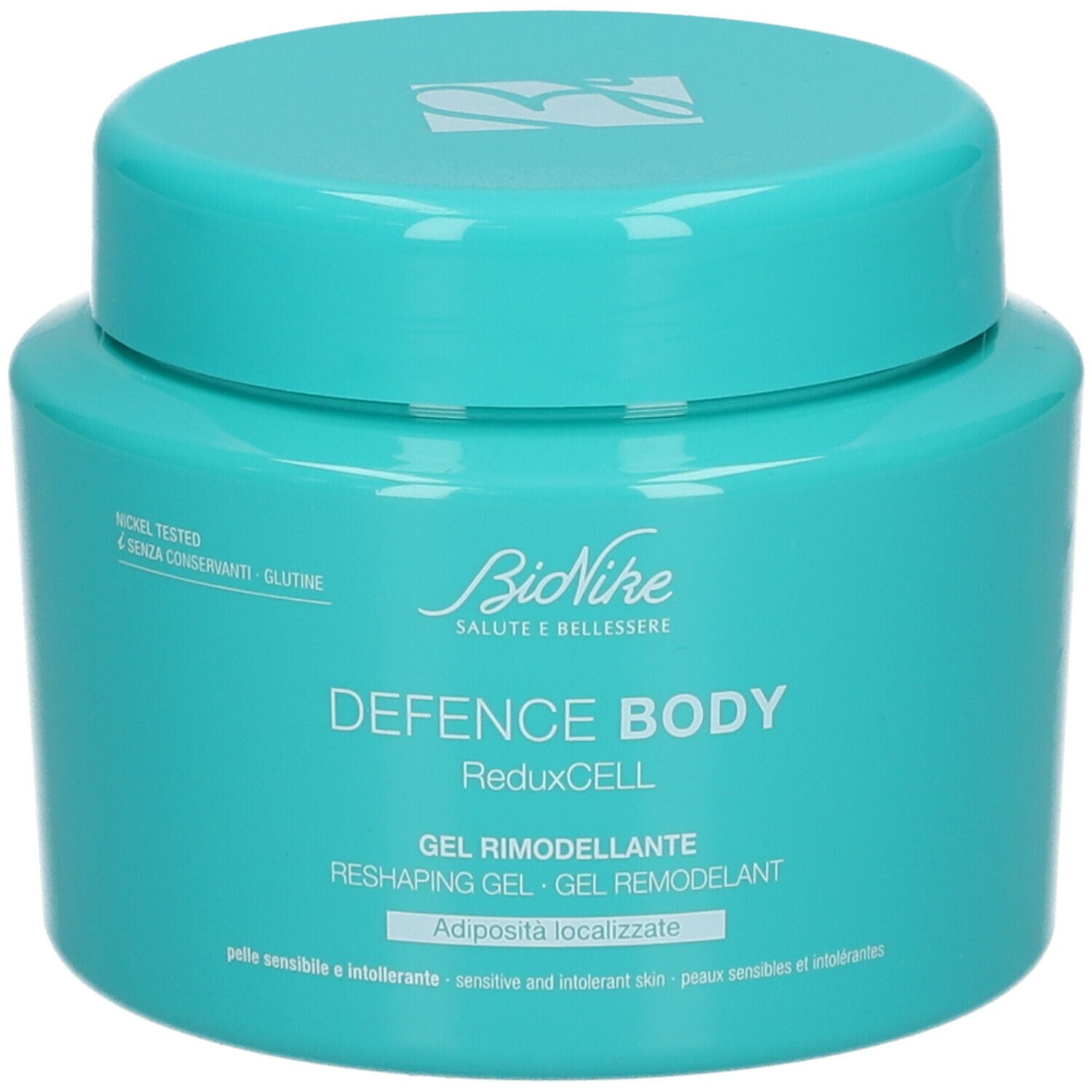 Pot turquoise avec couvercle. Inscription: BioNike DEFENCE BODY ReduxCELL. Gel Remodeller.