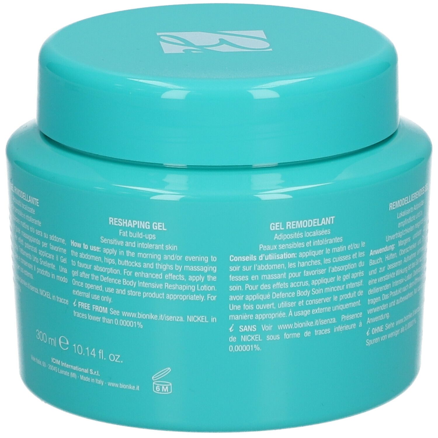 Pot turquoise avec couvercle. Dos avec texte. Inscription: BioNike. 300ml, 10.14 fl. oz.