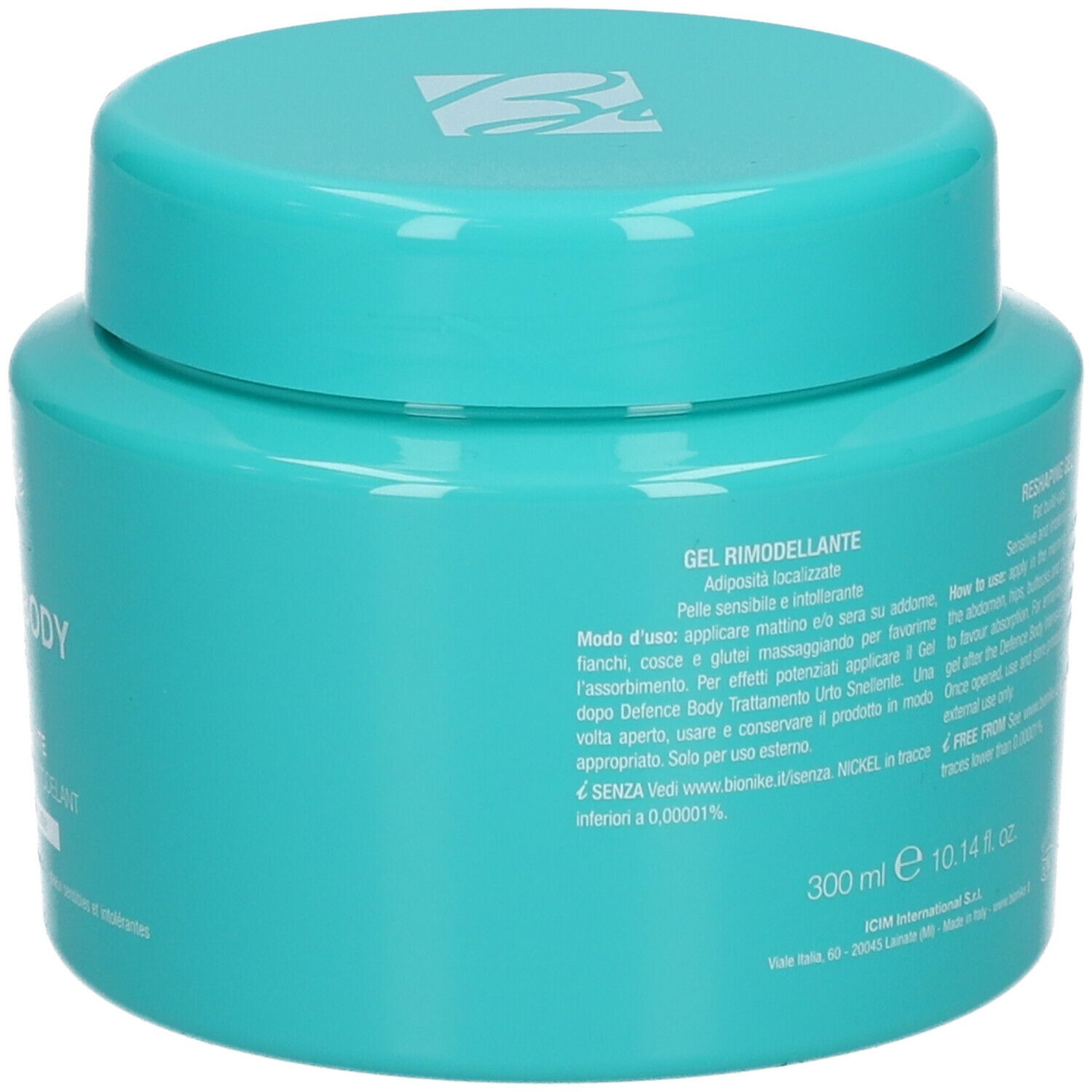 Pot turquoise avec couvercle. Dos avec texte. Inscription: BioNike. 300ml, 10.14 fl. oz.