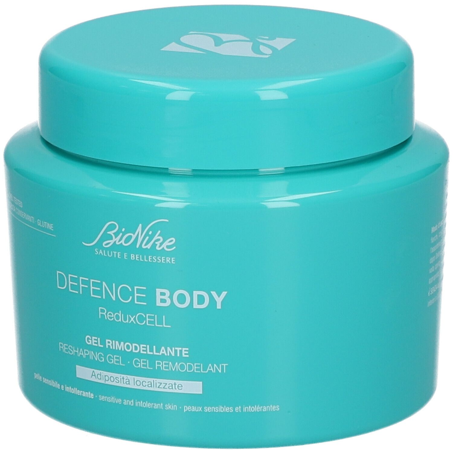 Pot turquoise avec couvercle. Inscription: BioNike DEFENCE BODY ReduxCELL. Gel Remodeller.