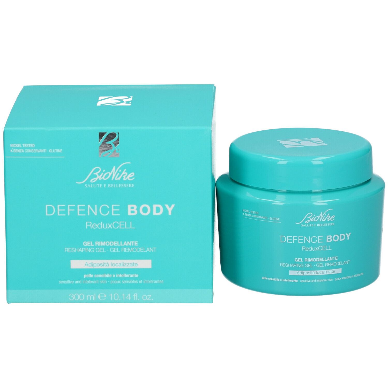 Pot et boîte turquoises. Inscription: BioNike DEFENCE BODY ReduxCELL. Gel Remodeller. 300ml, 10.14 fl. oz.