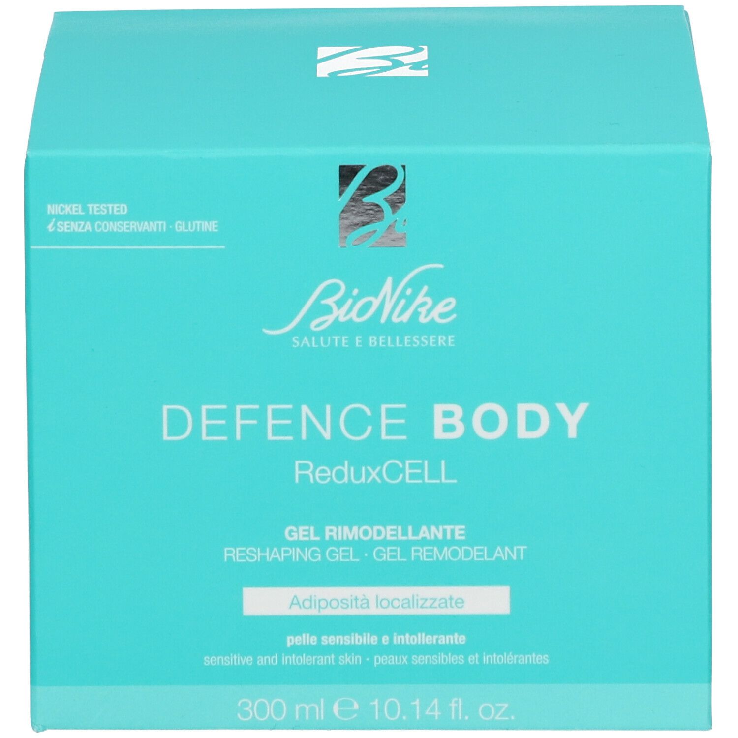 Boîte turquoise. Inscription: BioNike DEFENCE BODY ReduxCELL. Gel Remodeller. 300ml, 10.14 fl. oz.