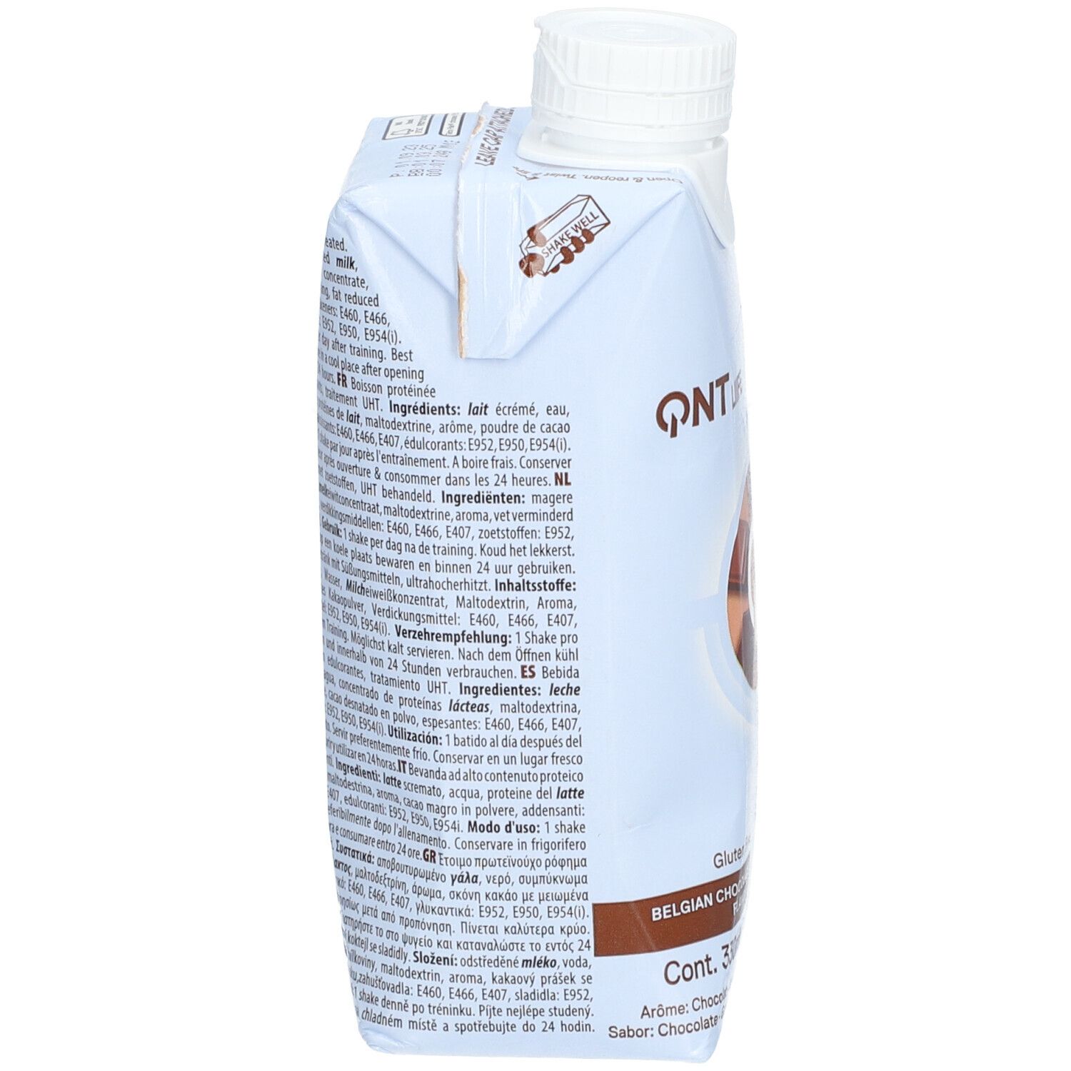 Côté blanc de la brique. Logo QNT, liste des ingrédients, goût chocolat belge. Contenu : 330ml.