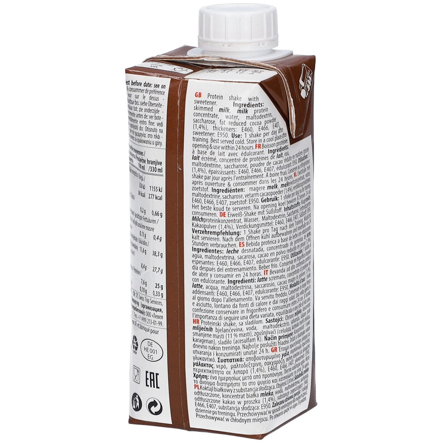Dos de la brique. Liste des ingrédients, informations nutritionnelles, logo QNT. Contenu : 330ml.