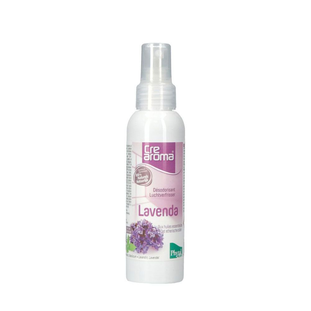 Bouteille spray désodorisant Lavande CREAROMA avec étiquette et motif lavande.