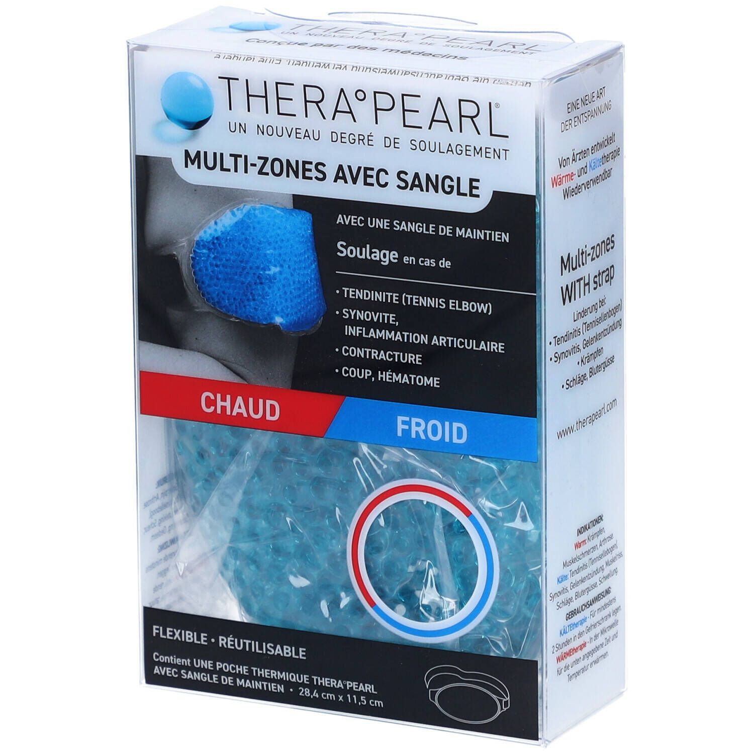 Thera°Pearl Multi-Zones avec Sangle. Emballage avec produit visible. Produit bleu visible. Texte: Chaud/Froid.